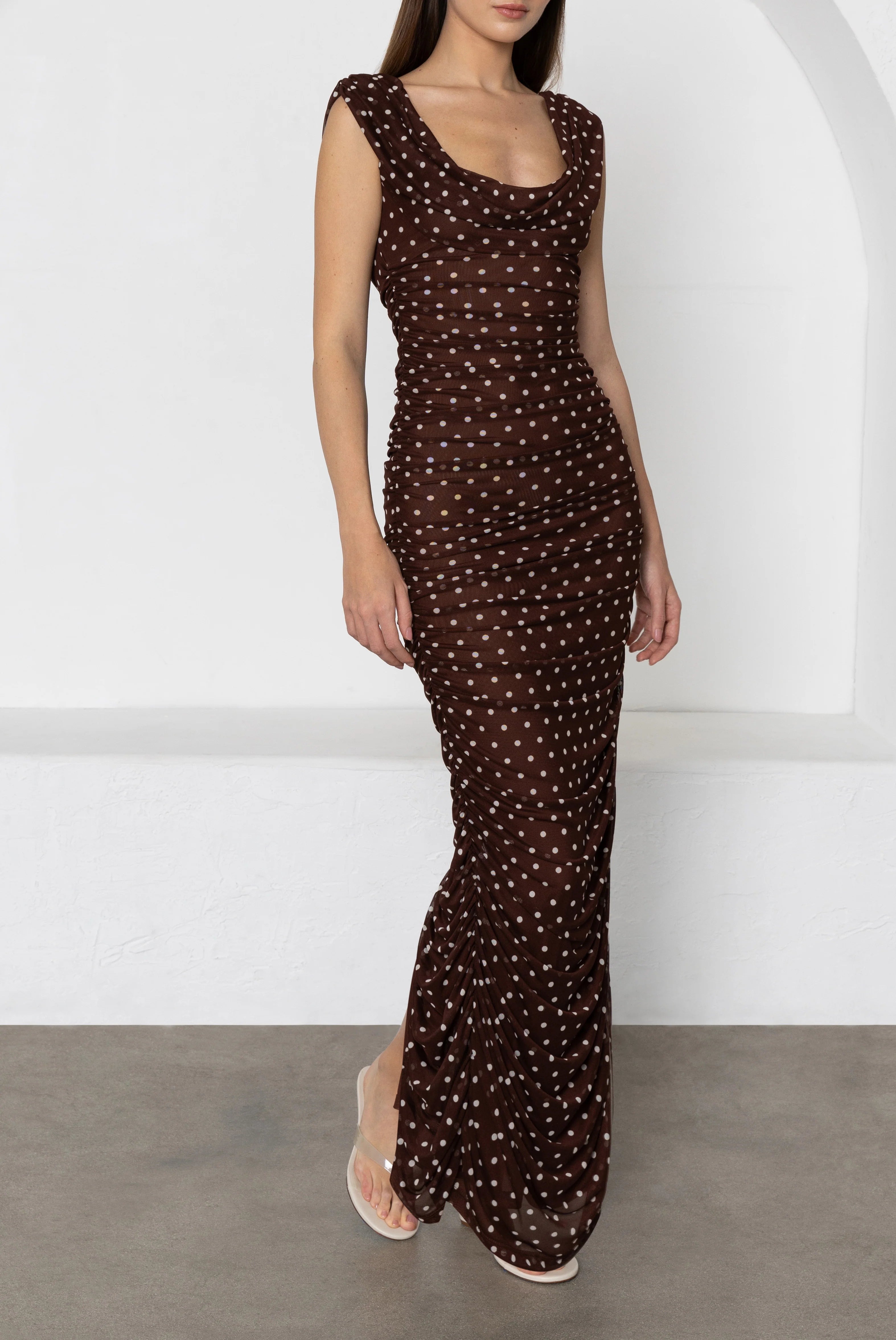 Black Halo- Evangeline Maxi Dress in Cocoa Dot