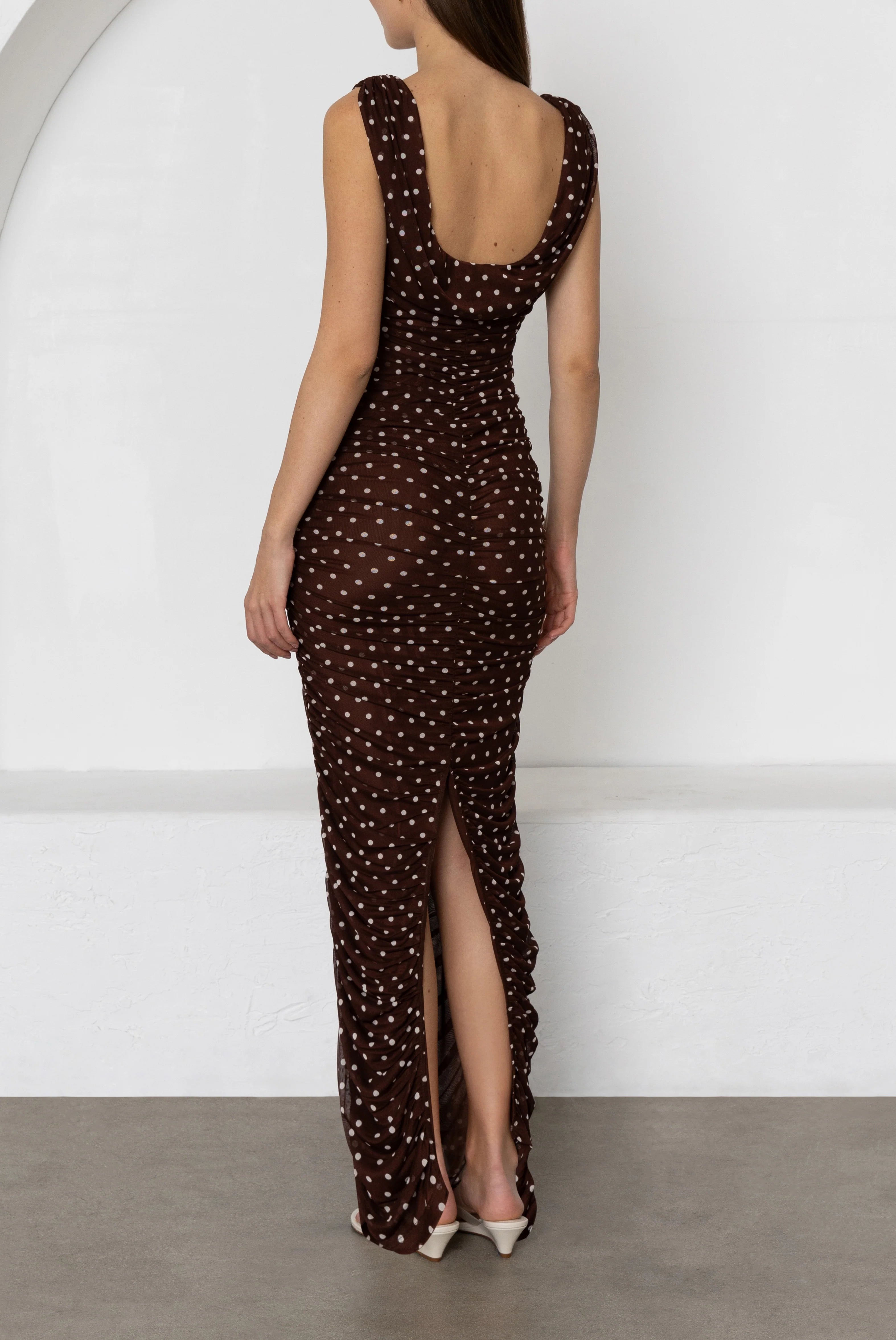 Black Halo- Evangeline Maxi Dress in Cocoa Dot