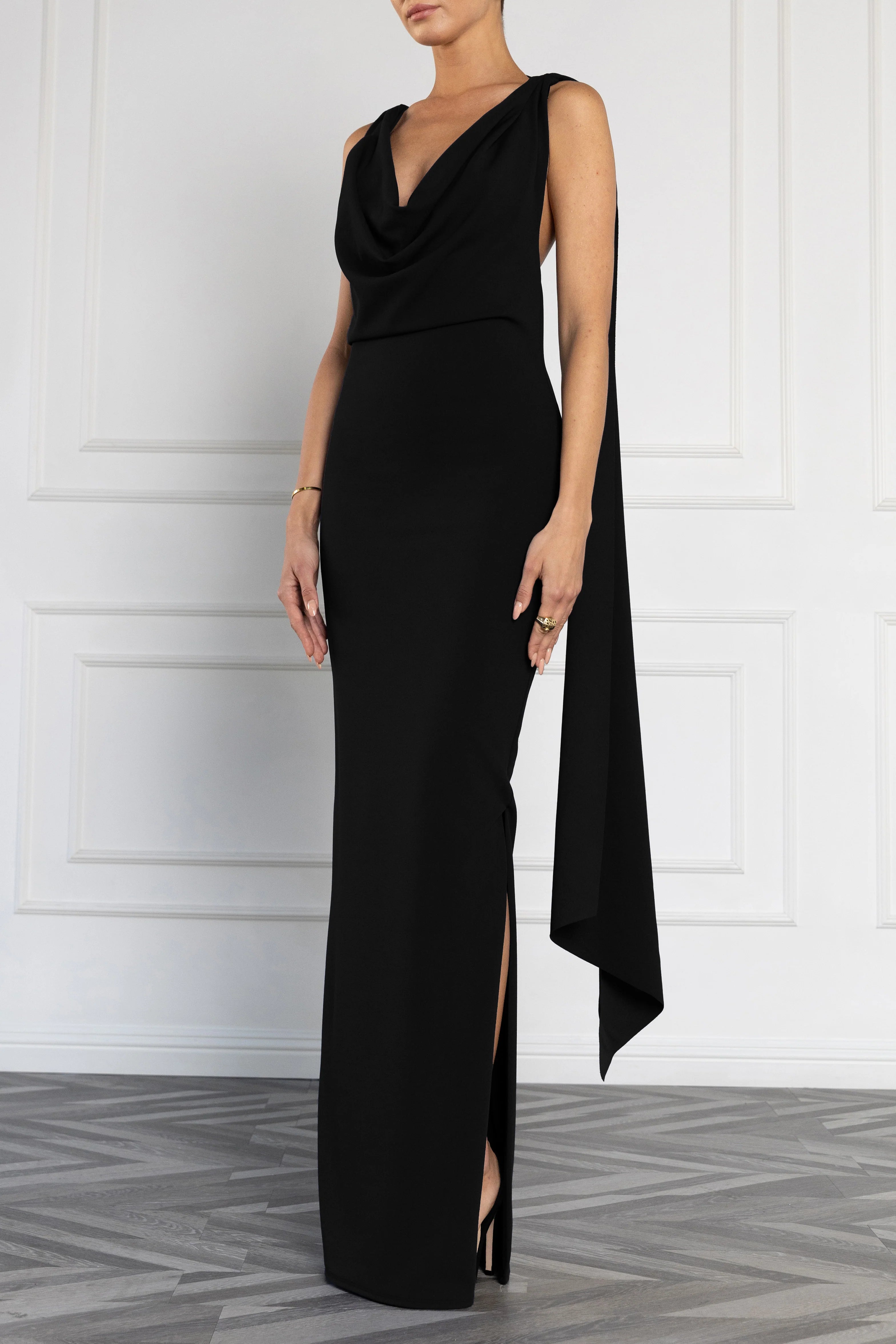 Black Halo- Marika Metallic Draped Long Sleeve Gown | floc boutique Black Halo- Marika Metallic Draped Long Sleeve Gown | floc boutique