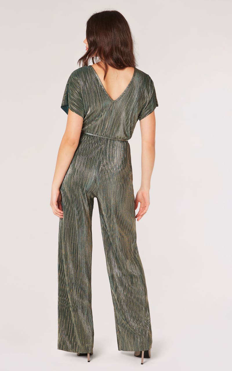 Apricot- Plisse Metallic Jumpsuit - Jumpsuits & Rompers