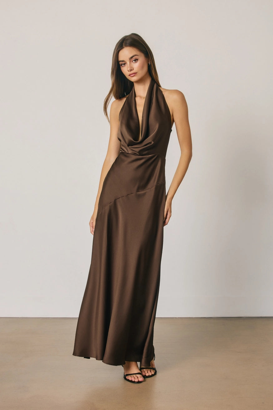 Dress Forum - Satin Draped Halter Neck Maxi Dress in Espresso