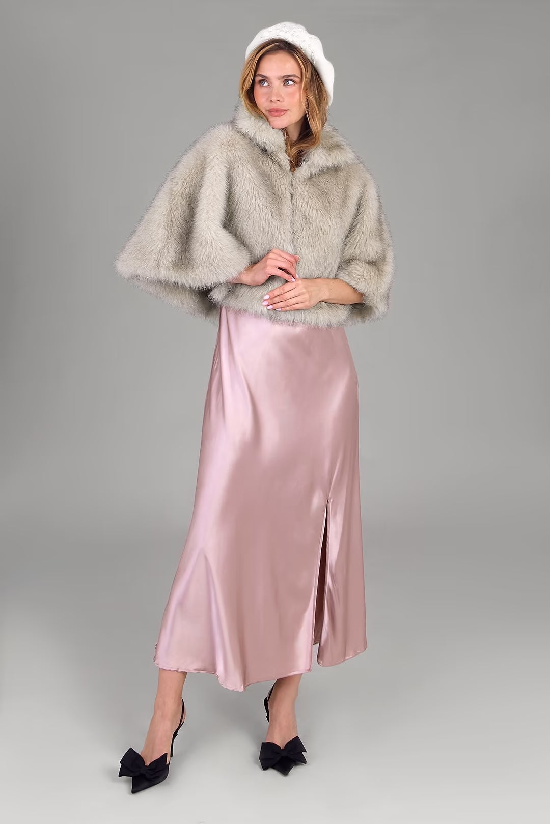 SAACHI- Upturned Collar Faux Fur Capelet in Beige