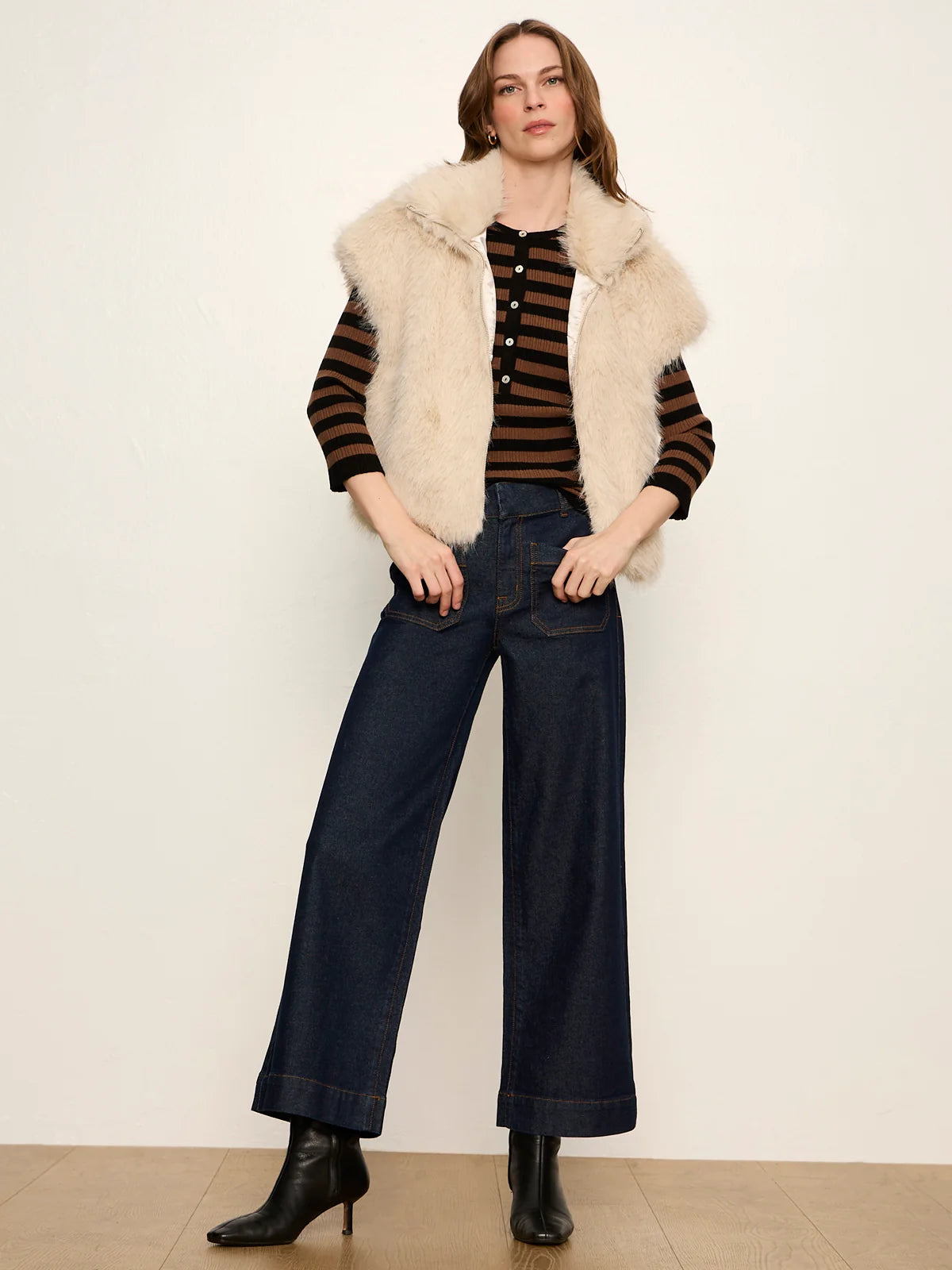 Sanctuary- Selena Henley Top in Black Cocoa Powder Stripe