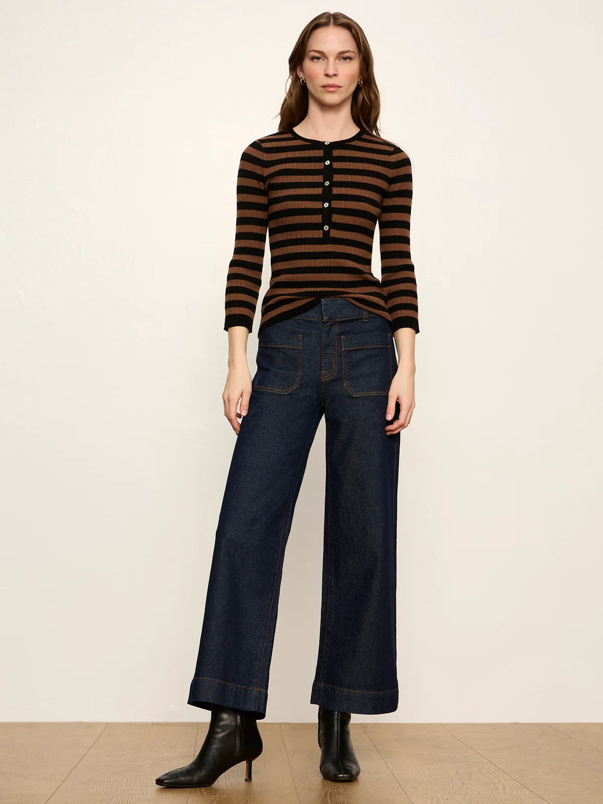 Sanctuary- Selena Henley Top in Black Cocoa Powder Stripe