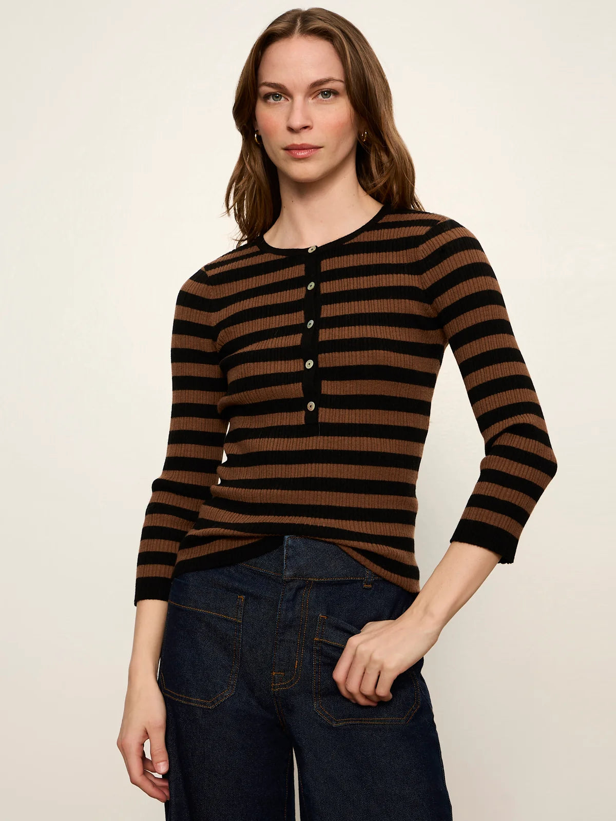 Sanctuary- Selena Henley Top in Black Cocoa Powder Stripe
