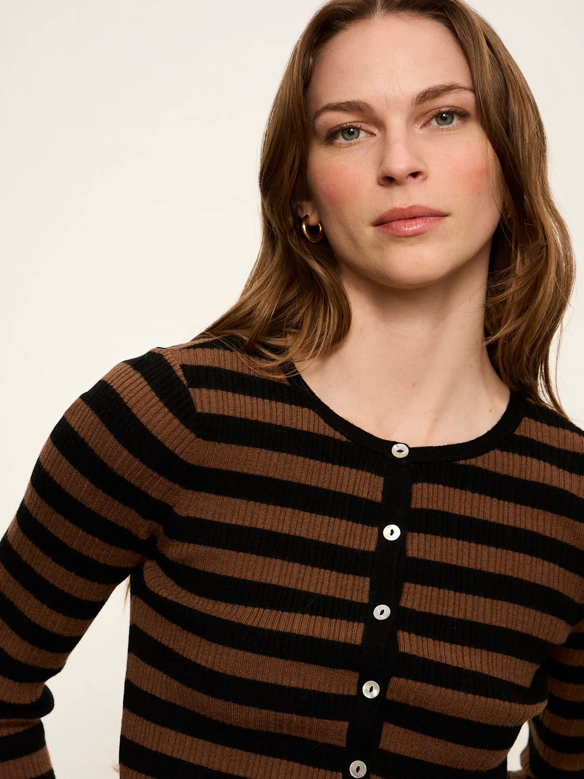 Sanctuary- Selena Henley Top in Black Cocoa Powder Stripe