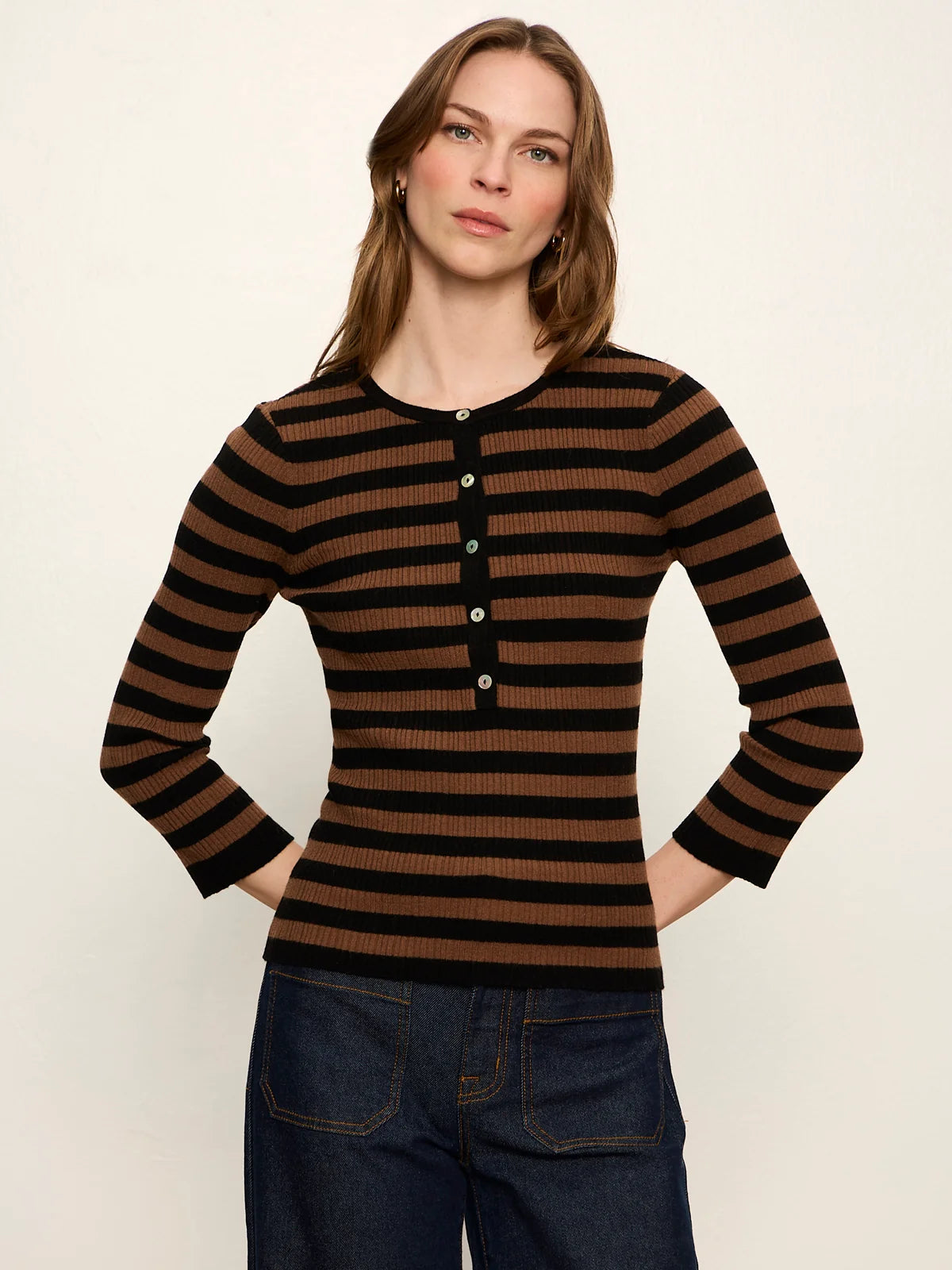 Sanctuary- Selena Henley Top in Black Cocoa Powder Stripe