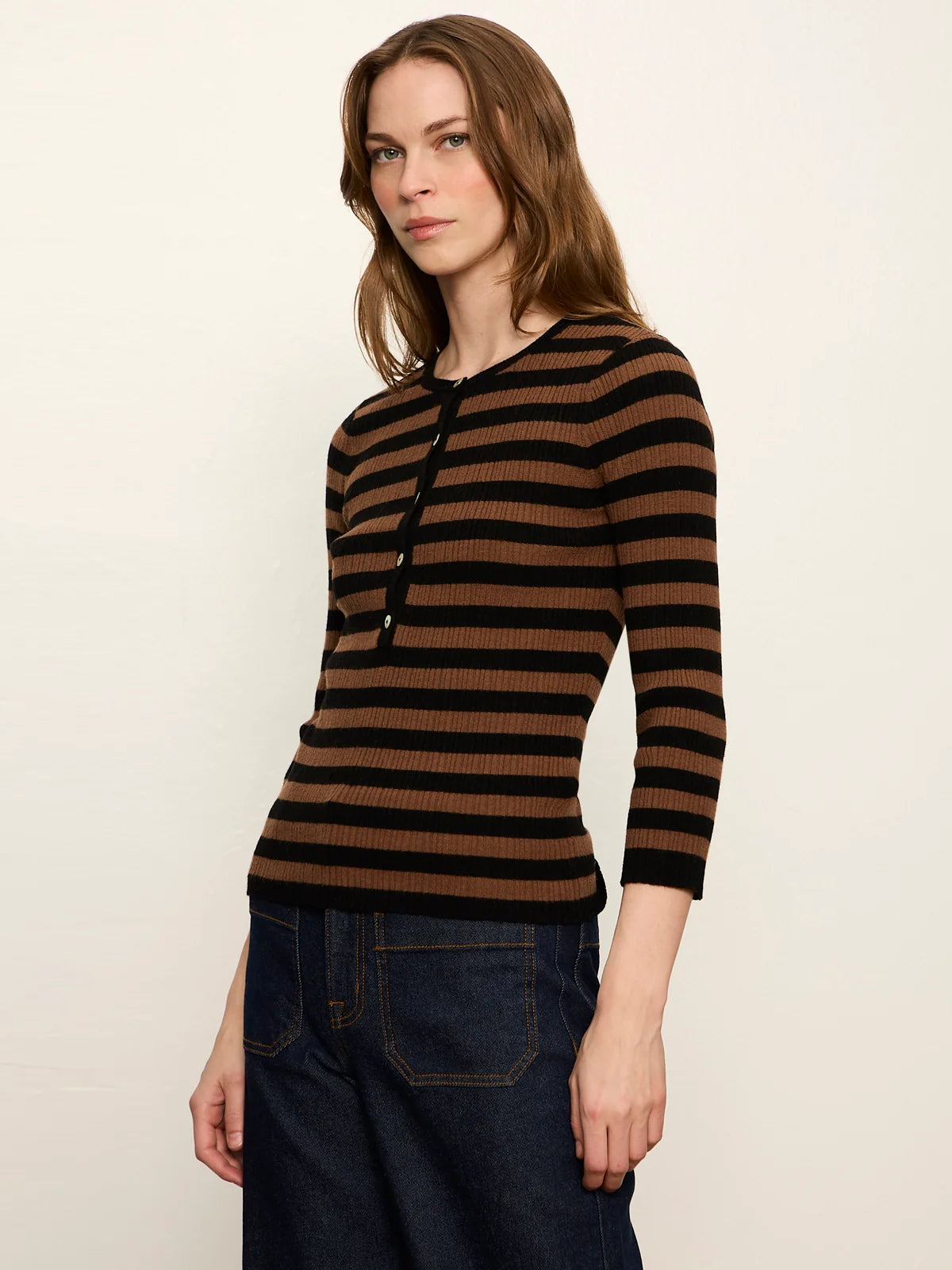 Sanctuary- Selena Henley Top in Black Cocoa Powder Stripe