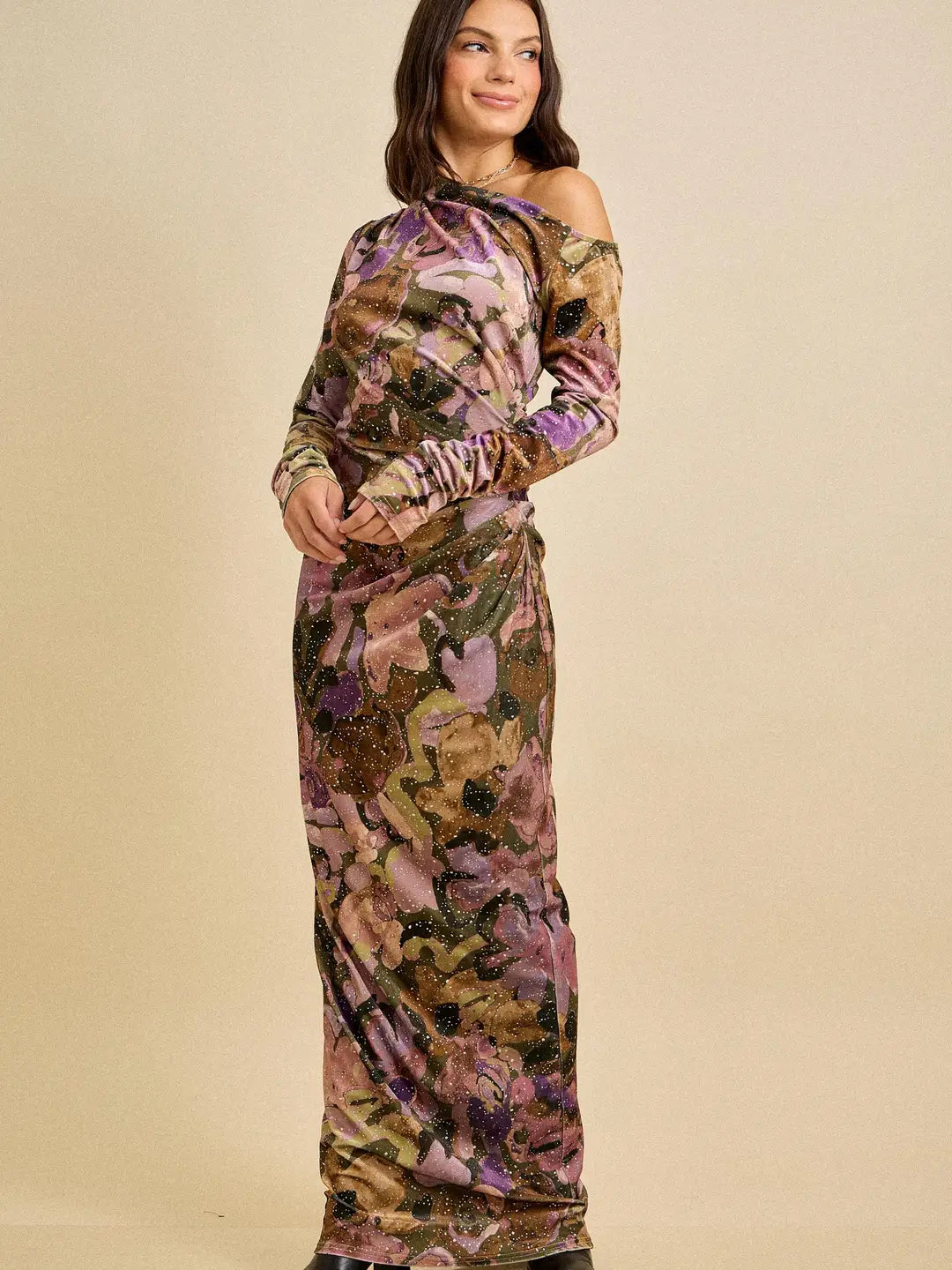 Skylar Rose- One Shoulder Velvet Glitter Holiday Maxi Dress in Olive Combo