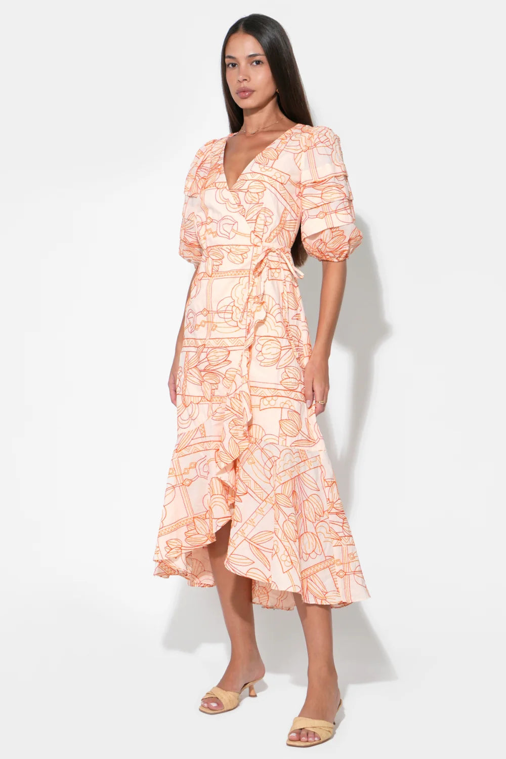 Adelyn Rae - Haven Ruffle Embroidery Wrap Midi Dress in Light Orange