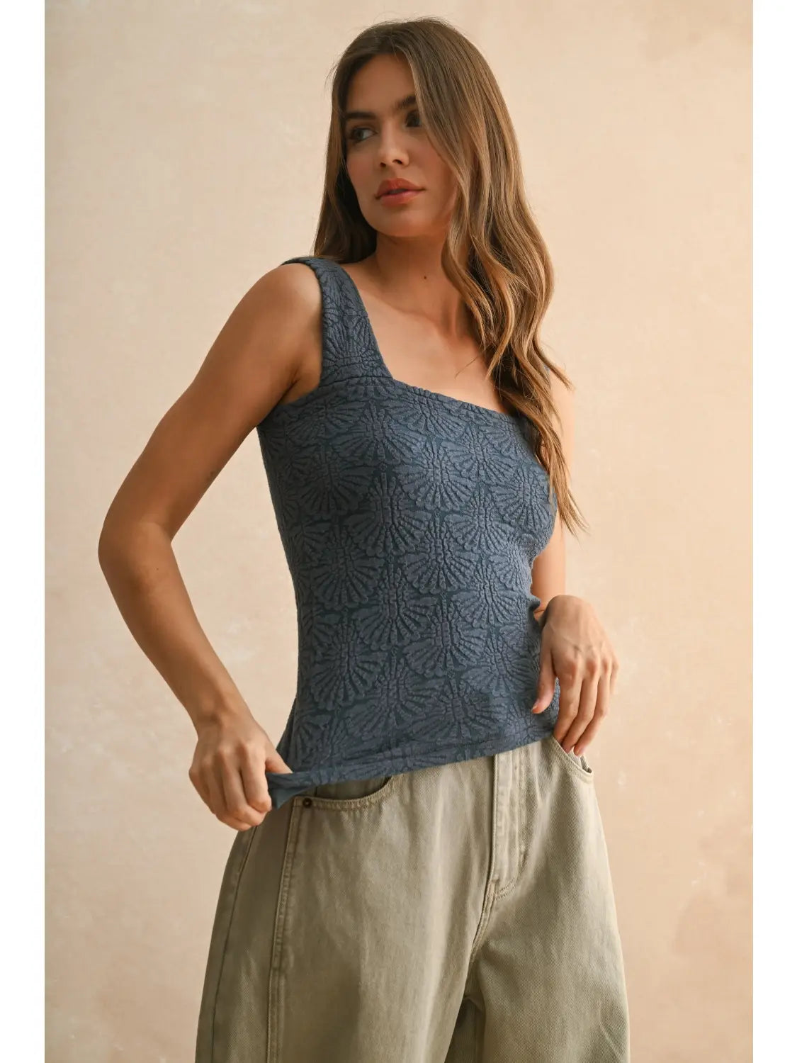 Miou Muse- Washed Look Detail Textured Knitted Top