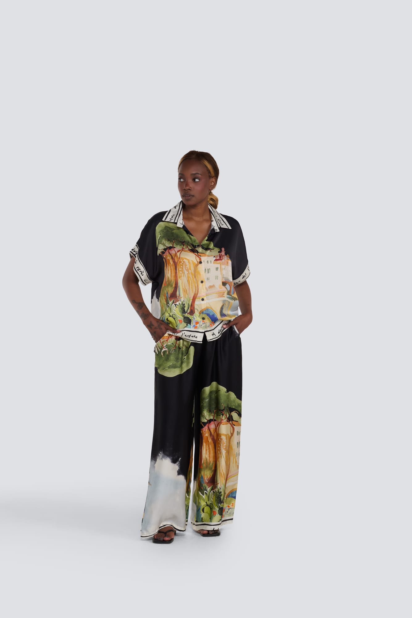 Jessica Laura- Italy Print Silk Blend Blouse in Black