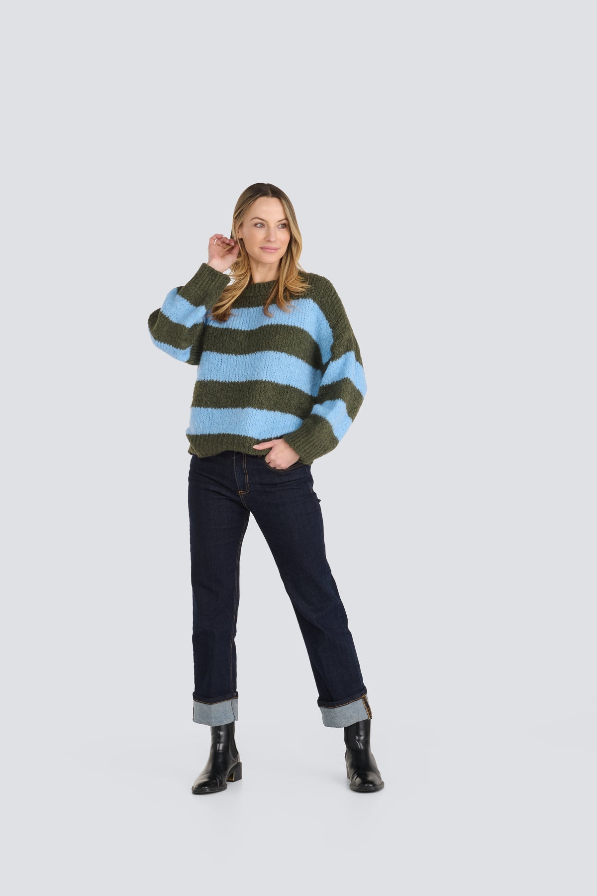 Jessica Laura- Crew Neck Striped Sweater in Olive