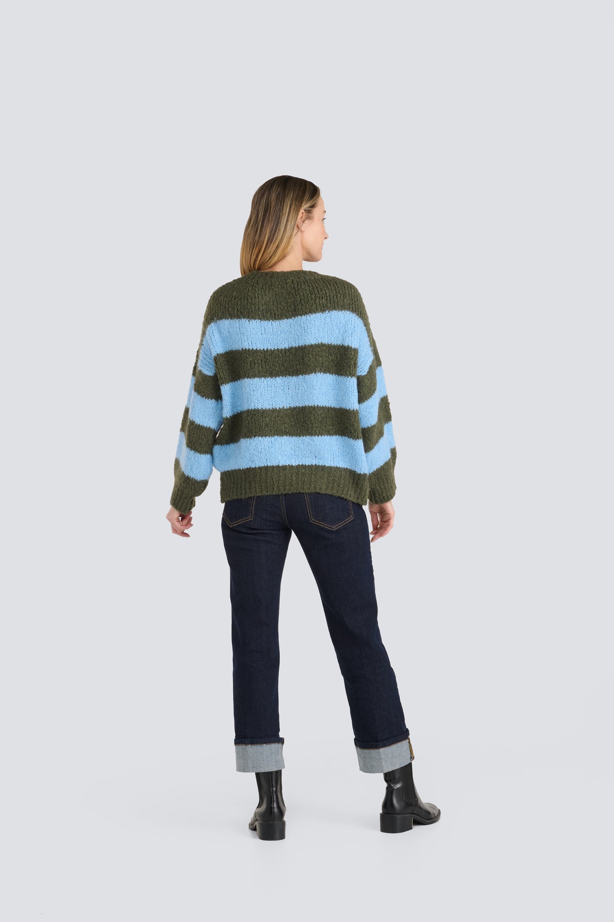 Jessica Laura- Crew Neck Striped Sweater in Olive