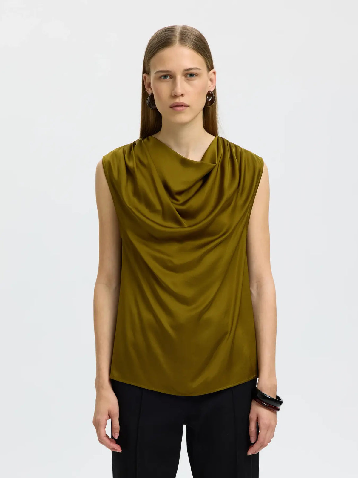 Selected- Wolina Cowl Neck Top in Fir Green