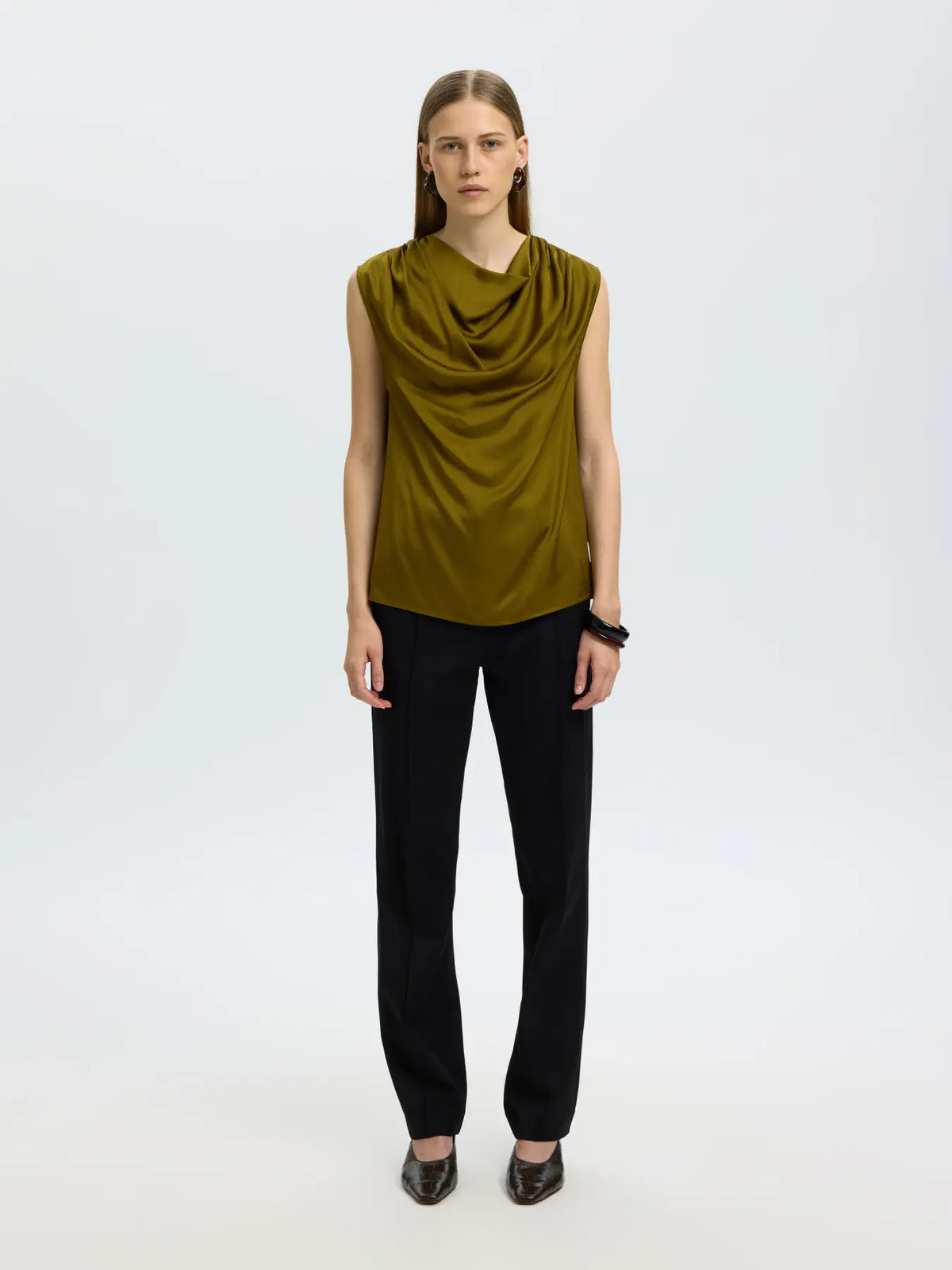 Selected- Wolina Cowl Neck Top in Fir Green
