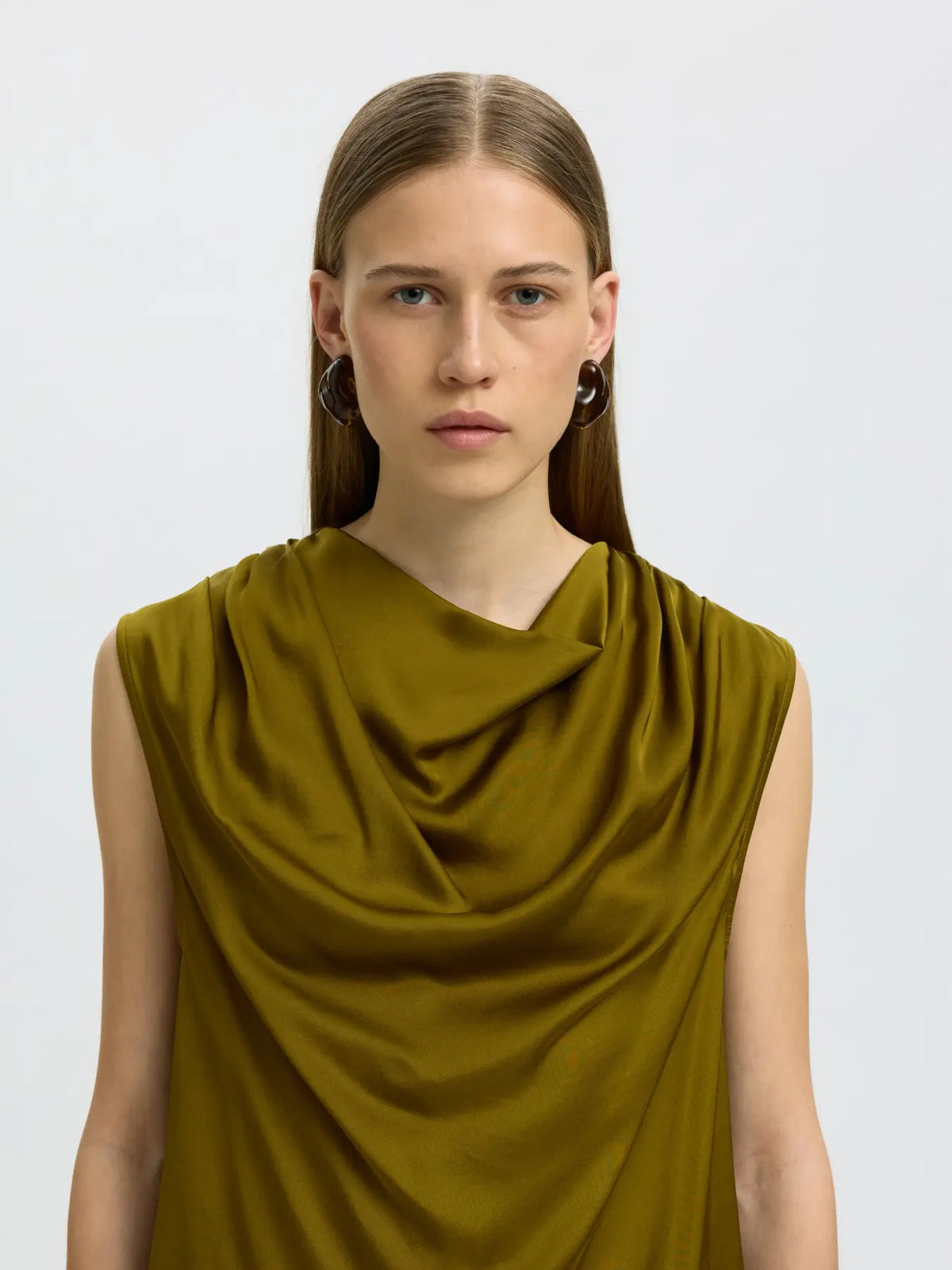 Selected- Wolina Cowl Neck Top in Fir Green
