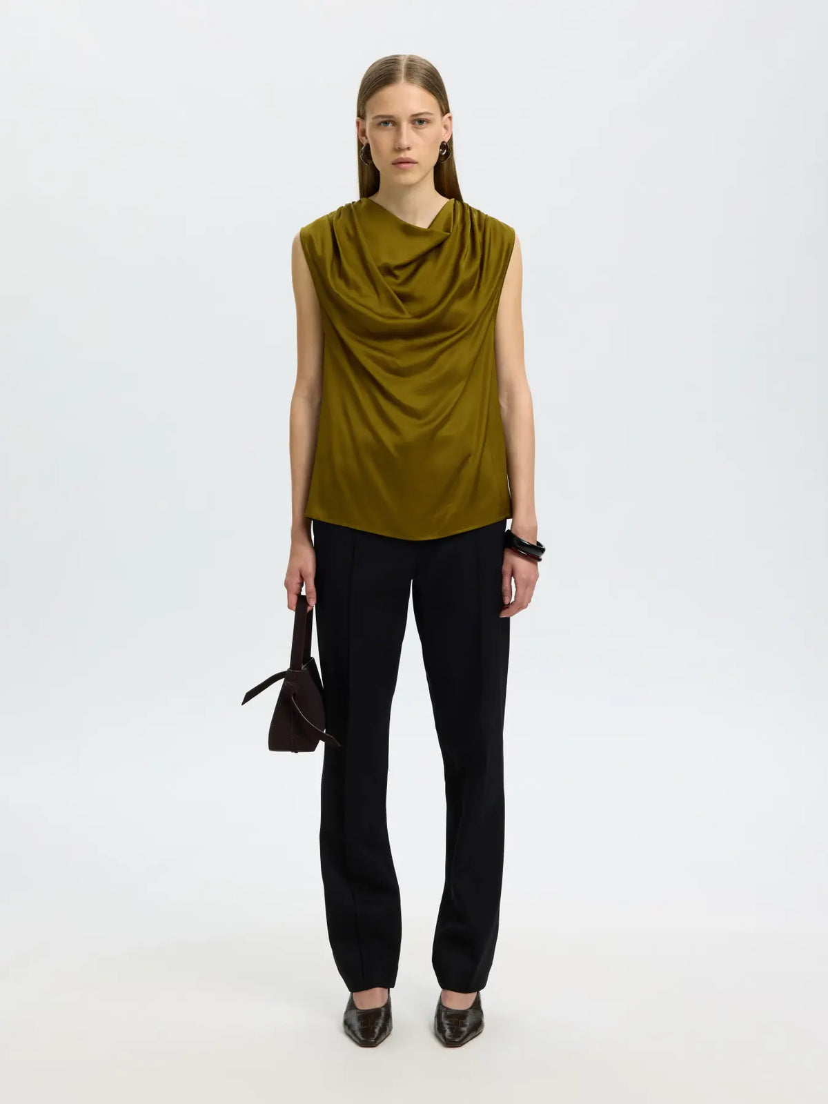 Selected- Wolina Cowl Neck Top in Fir Green