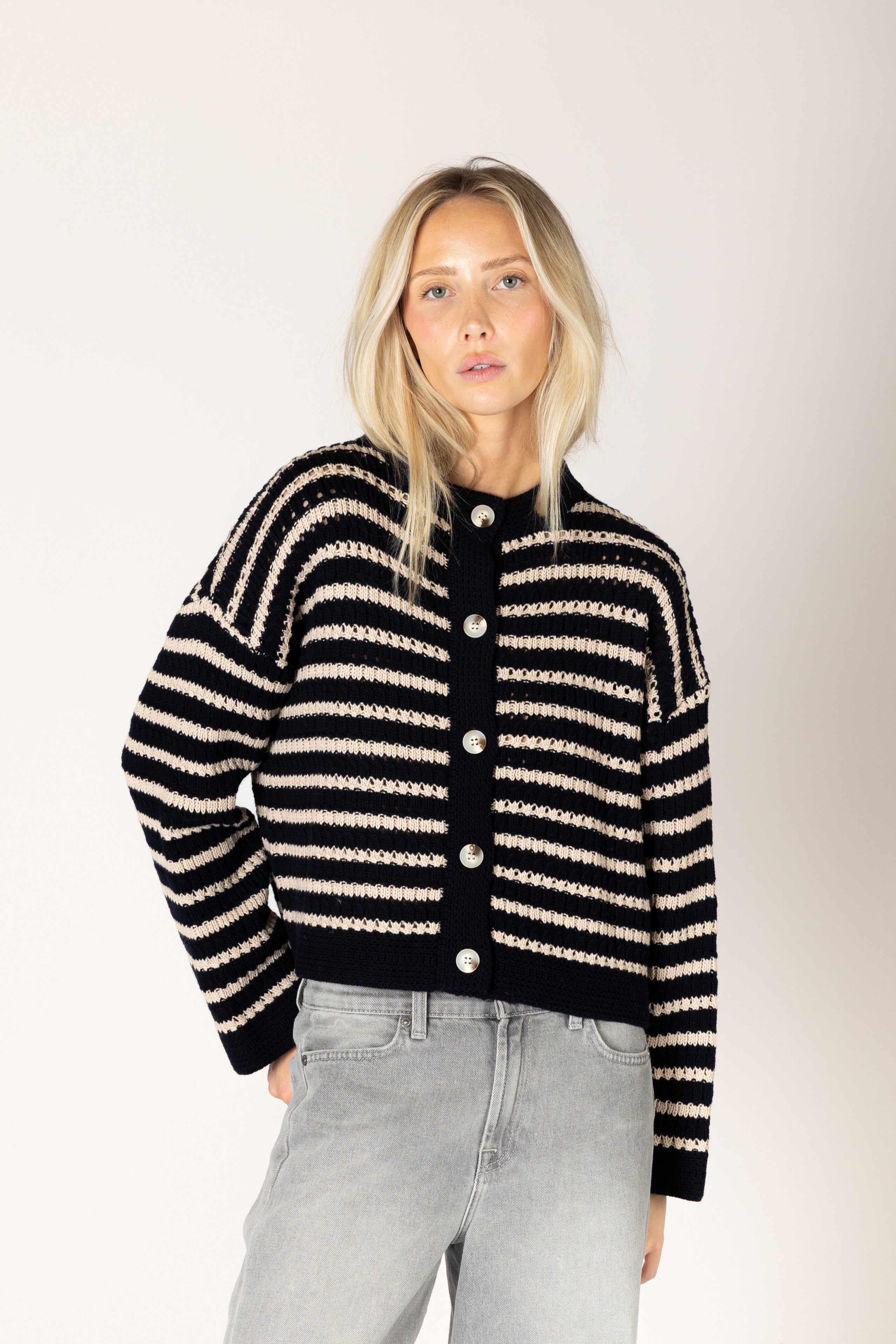 Lyla + Luxe- Dina Stripe Cardi in Navy