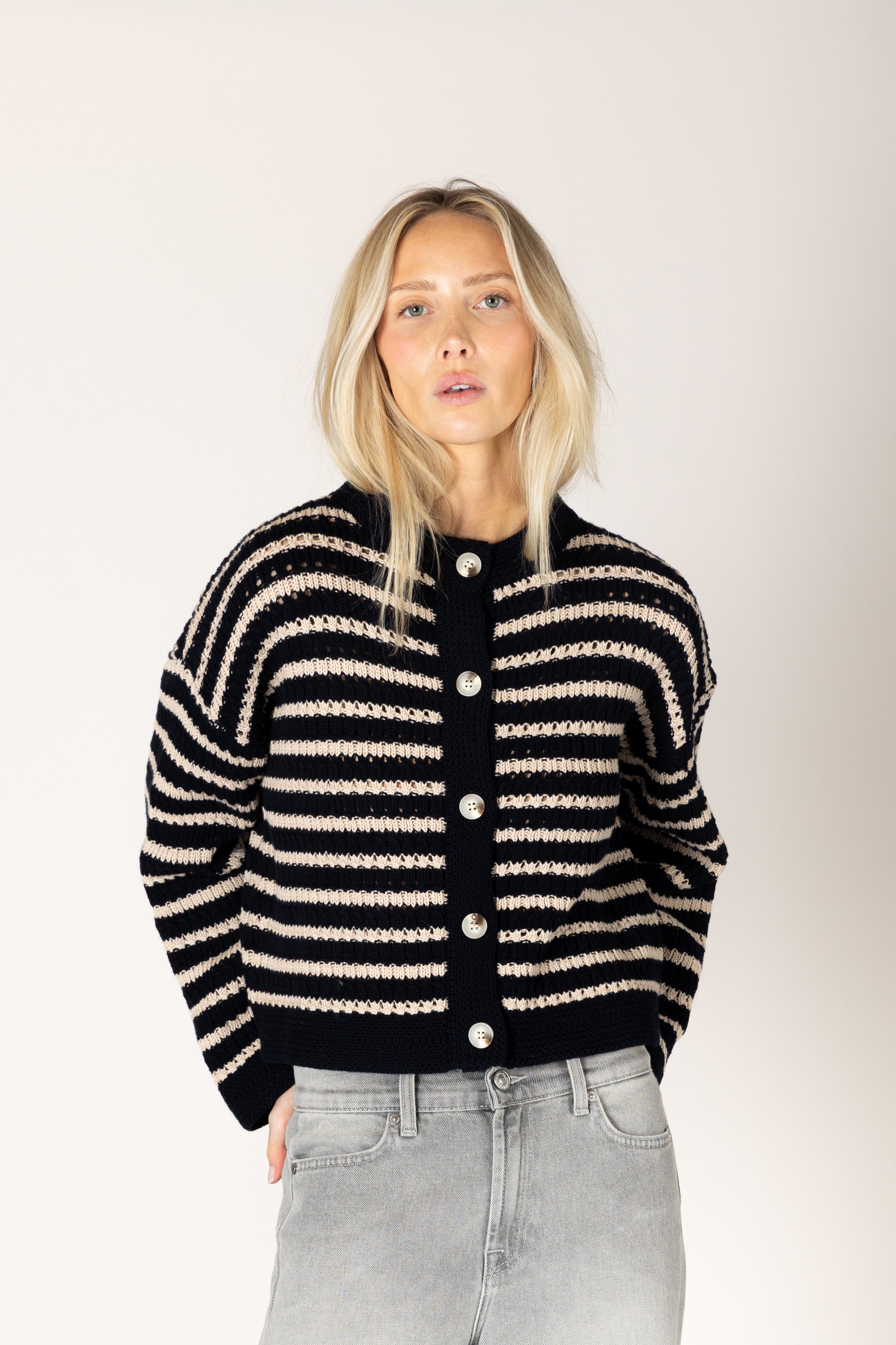 Lyla + Luxe- Dina Stripe Cardi in Navy