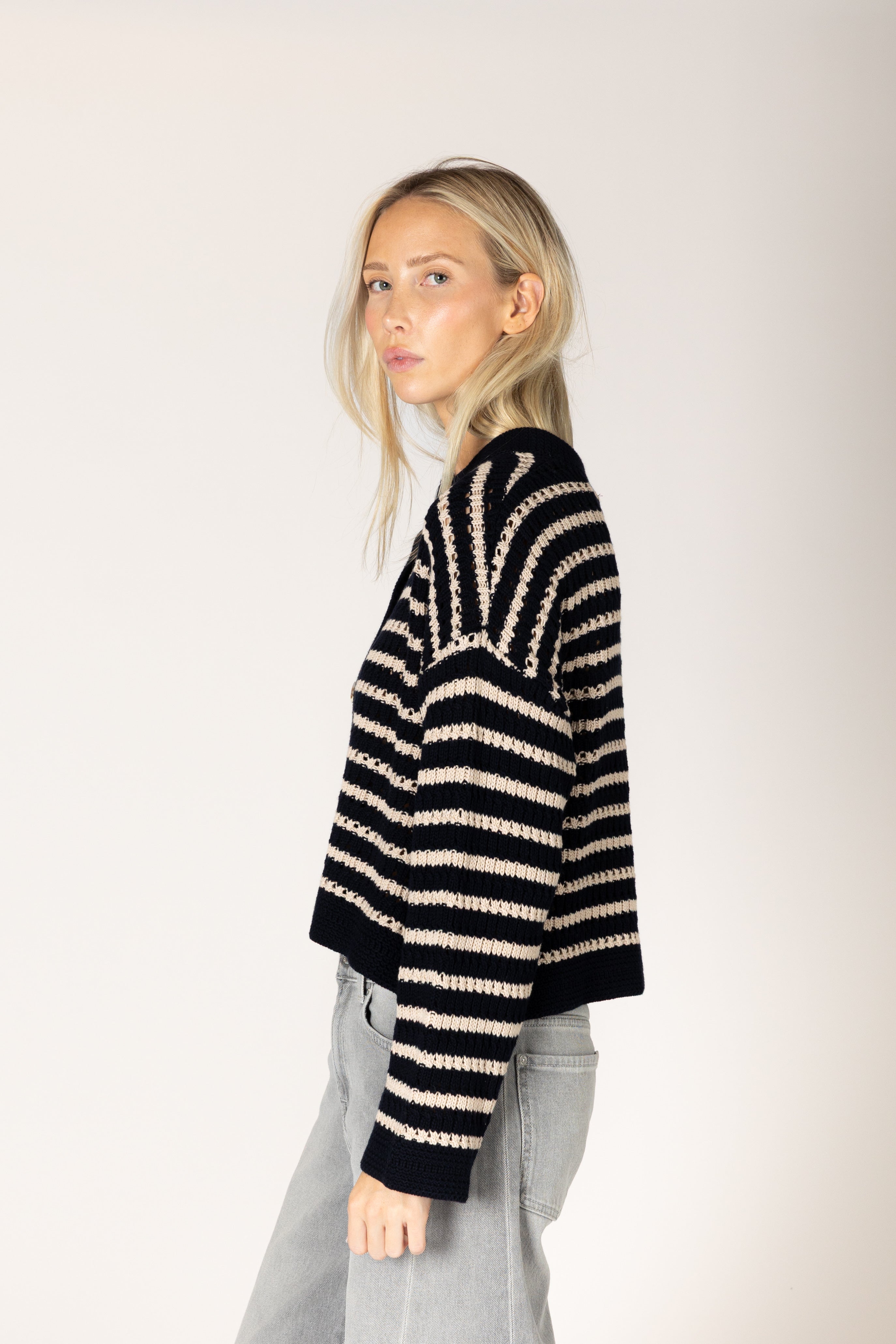 Lyla + Luxe- Dina Stripe Cardi in Navy