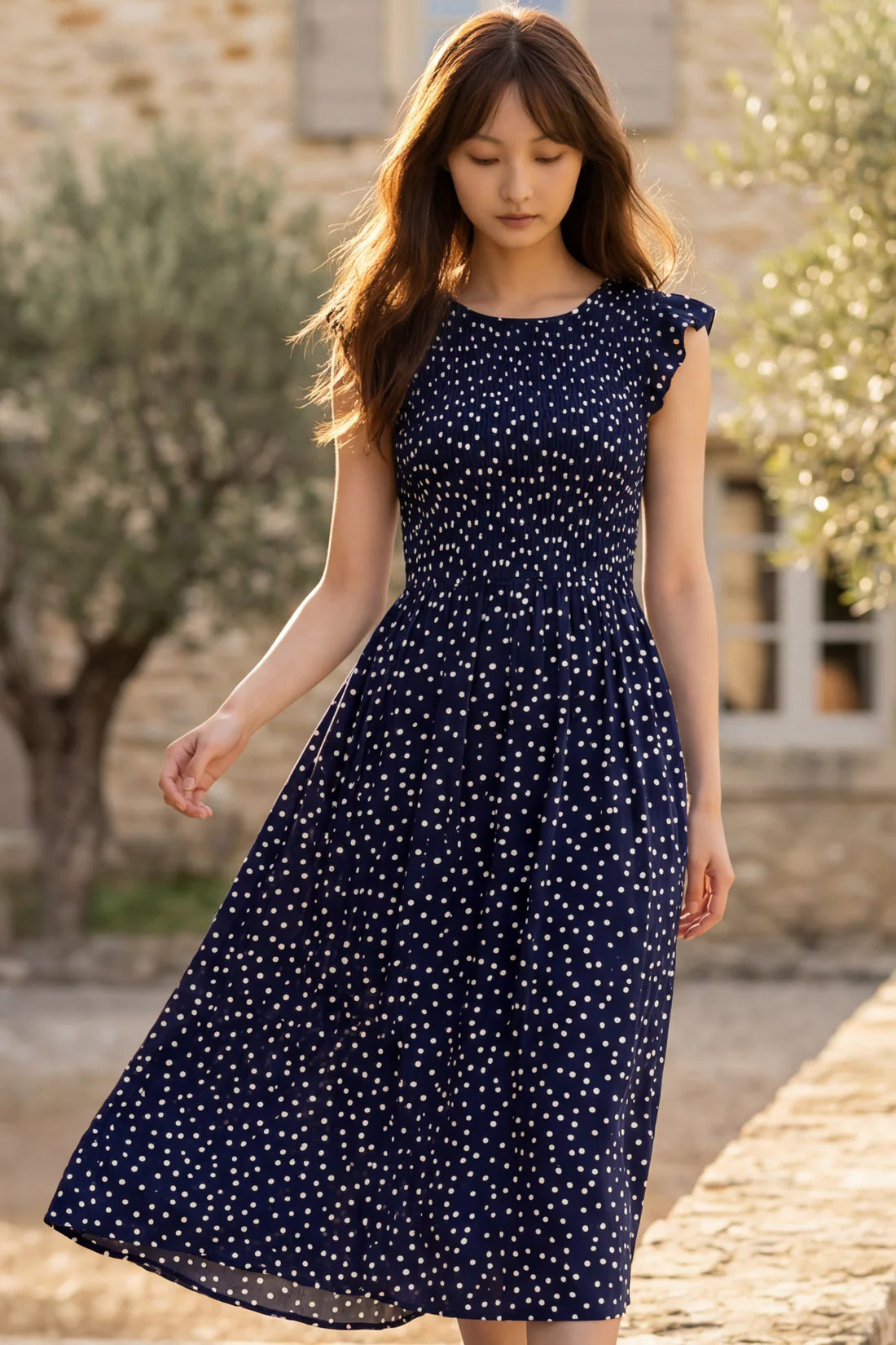 Annick- Dominique Polka Dot Cap Sleeve Midi Dress in Navy