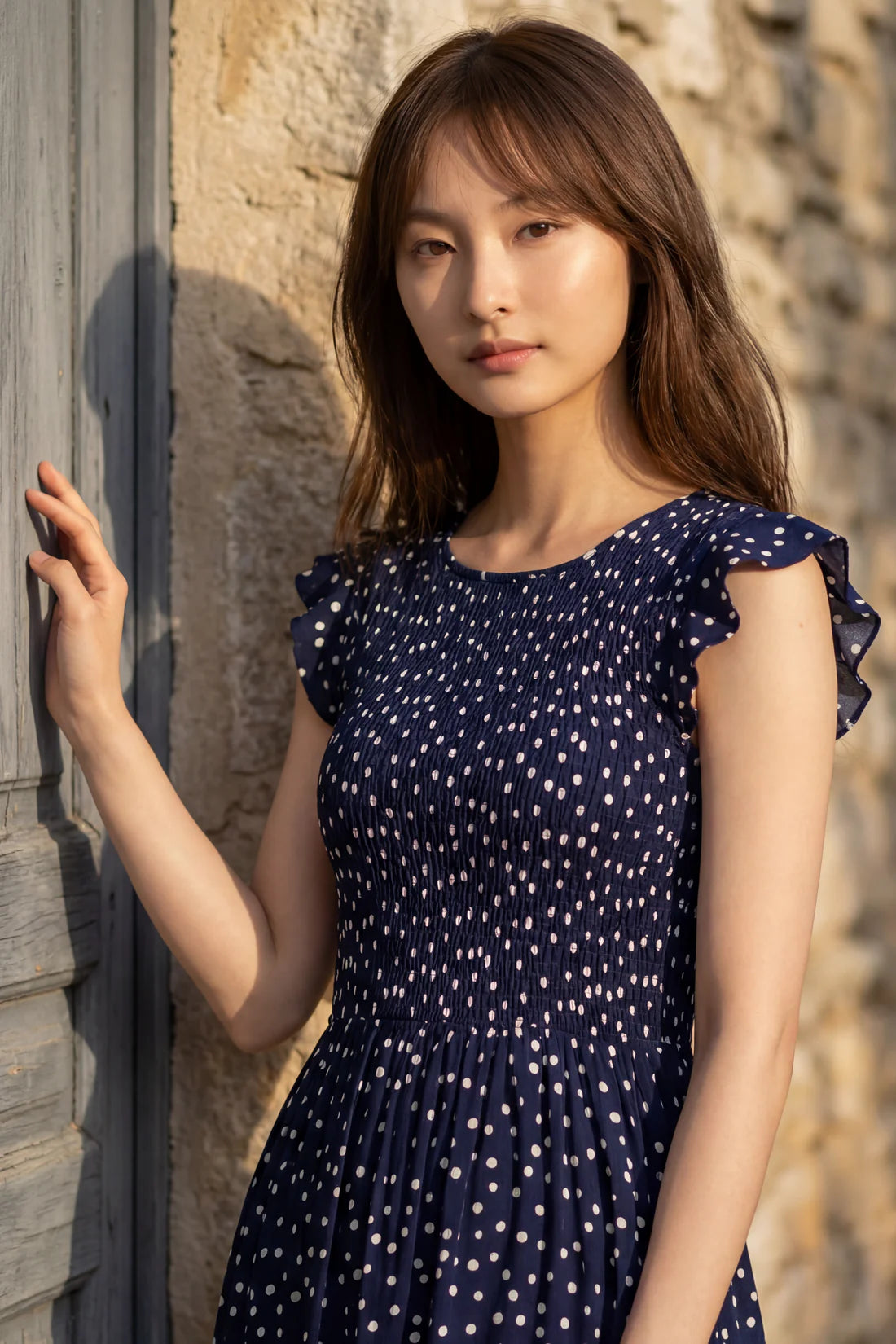 Annick- Dominique Polka Dot Cap Sleeve Midi Dress in Navy