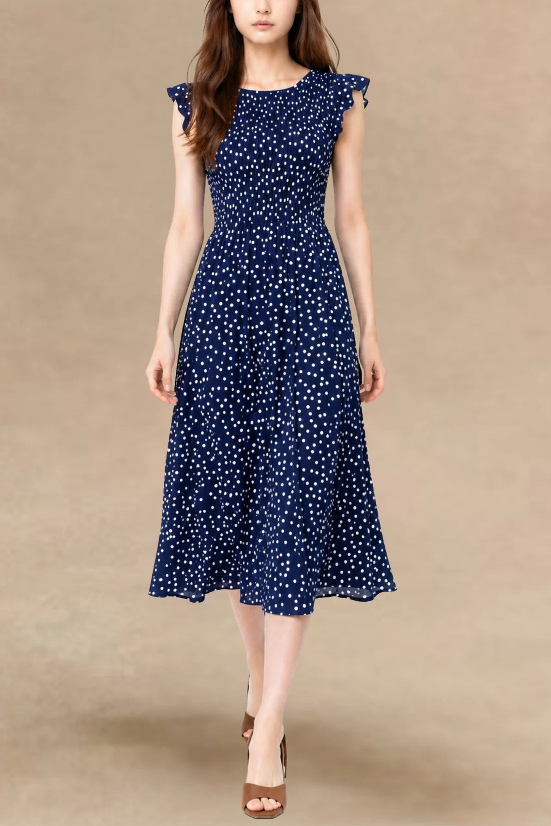 Annick- Dominique Polka Dot Cap Sleeve Midi Dress in Navy