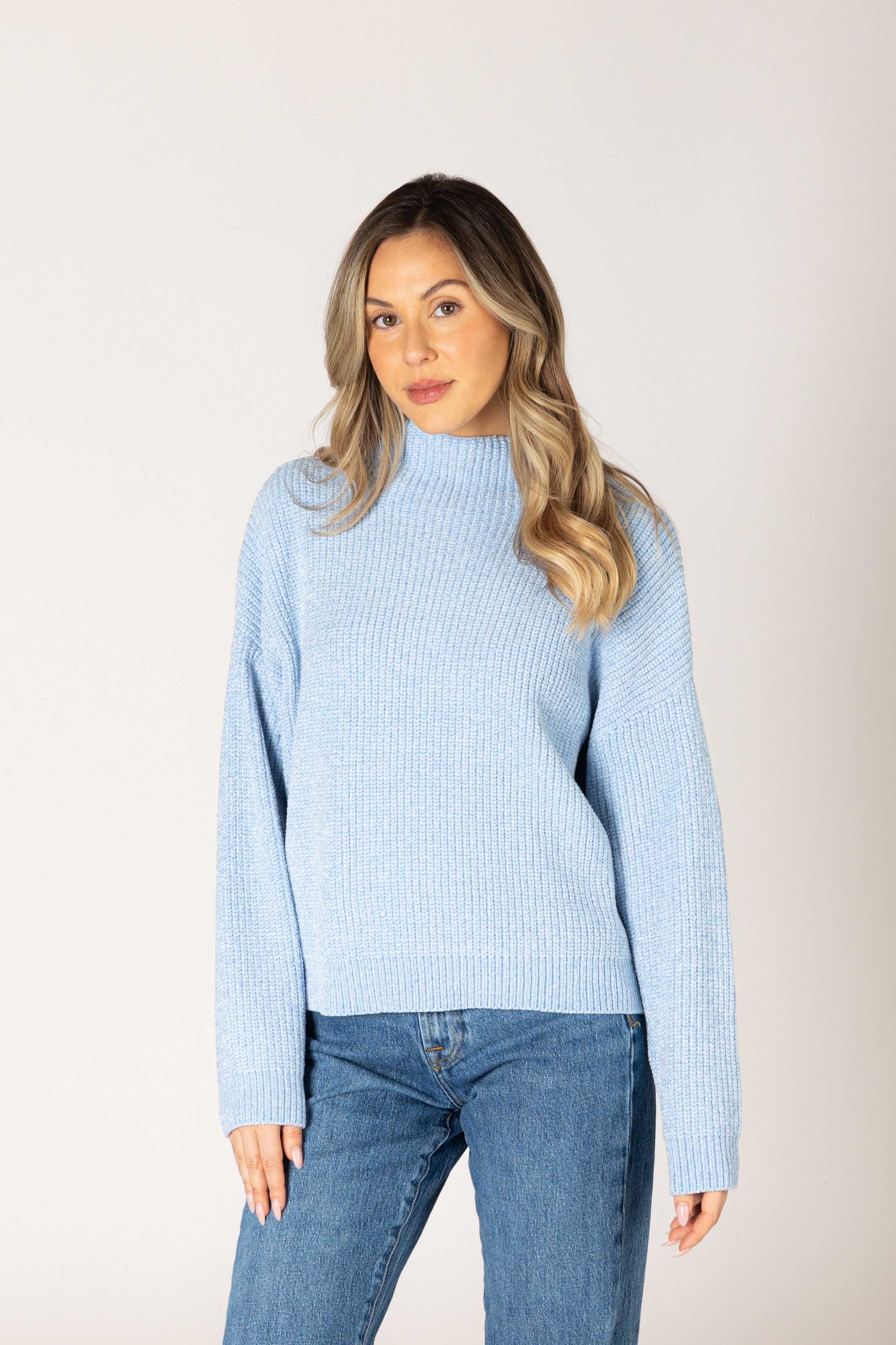 Lyla + Luxe- Evolet Chenille Mock Rib Sweater in Sky