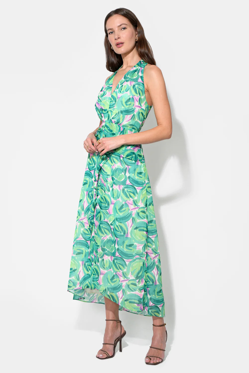 Adelyn Rae- Margot Wrap Tie Waist Printed Maxi Dress in Green