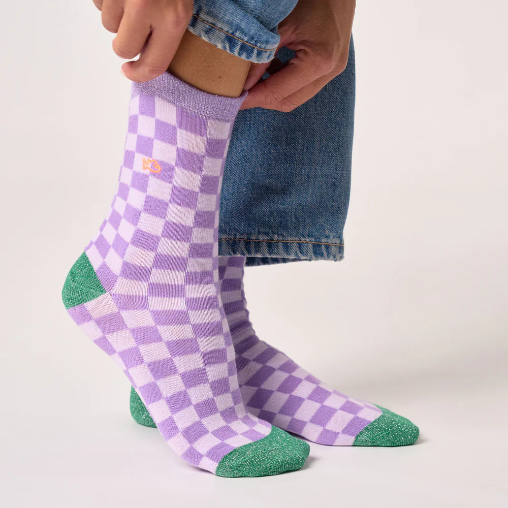 BILLYBELT - Combed Cotton Checkered Socks in Purple