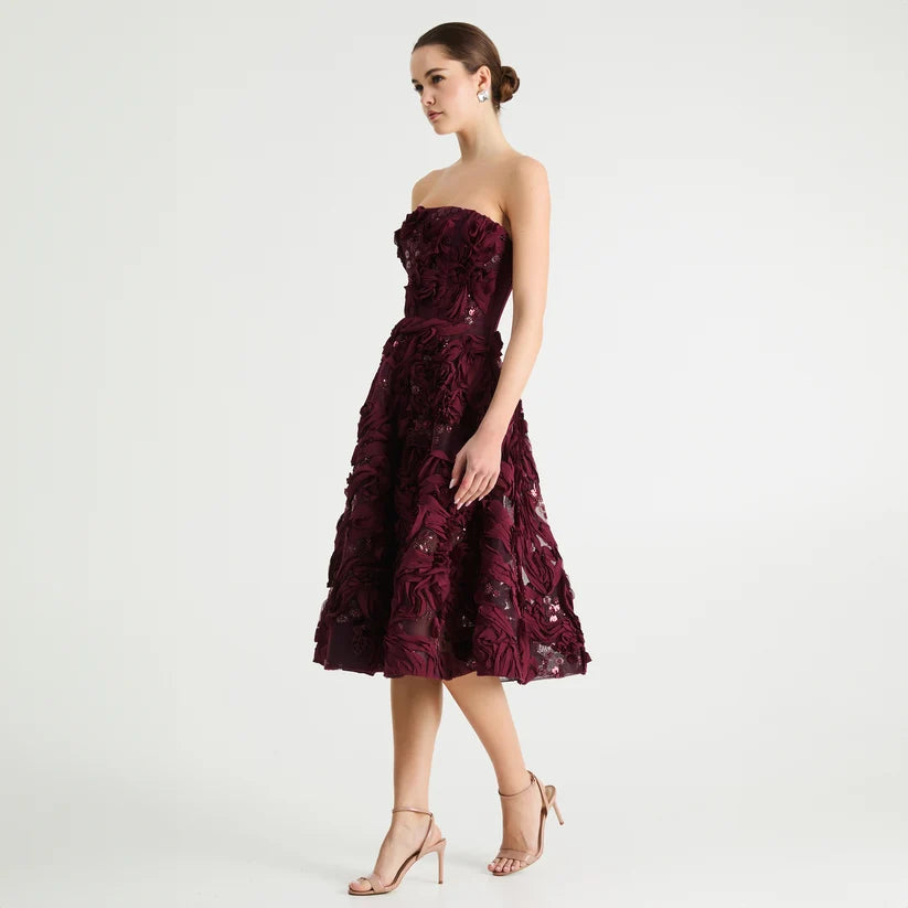 HELSI- Florence Floral Strapless Midi Dress in Merlot