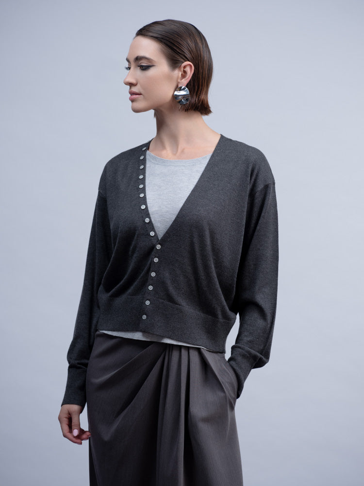 HAAKŌ- V-Neck Buttoned Sweater in Charcoal