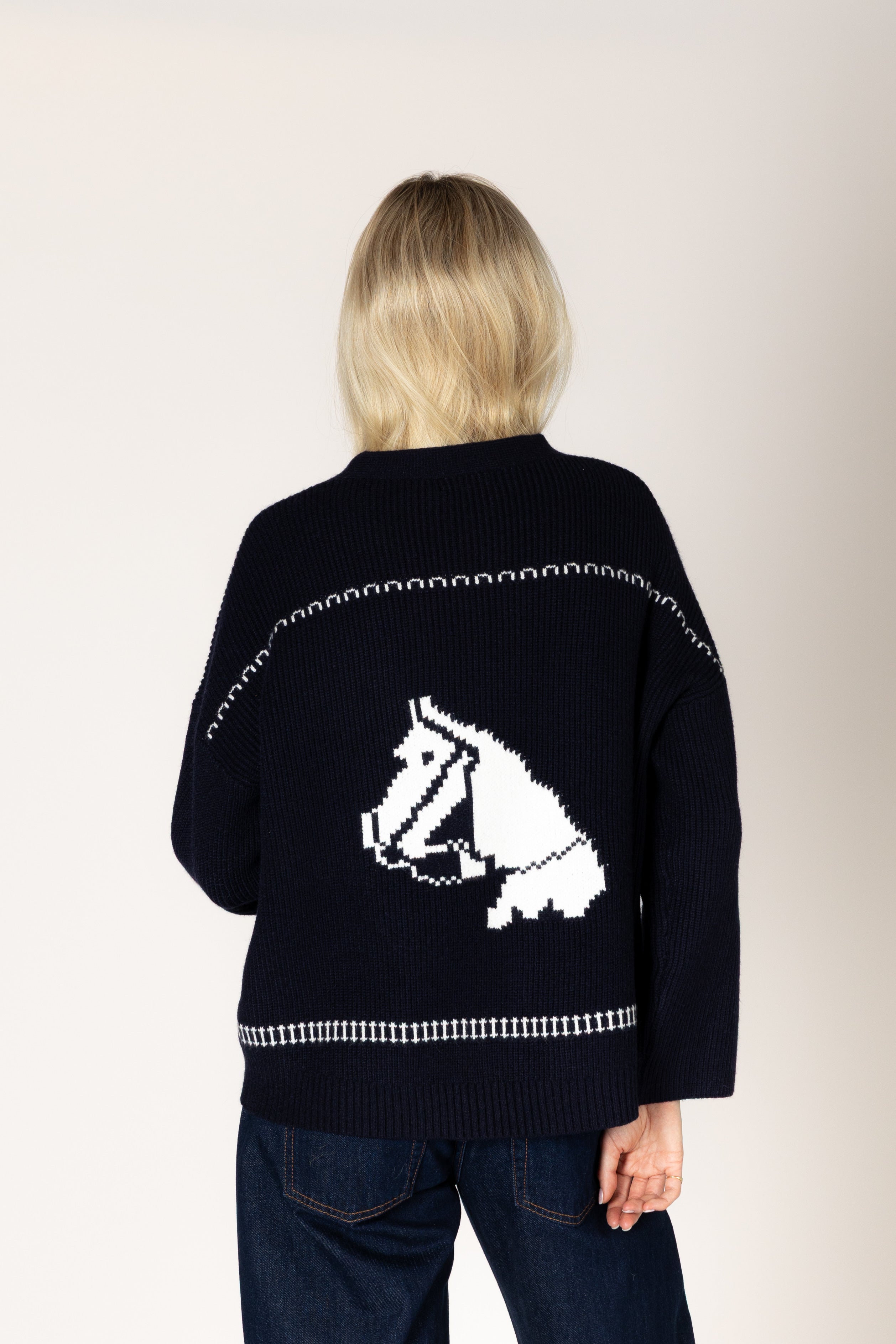 Lyla + Luxe- Howdy Fair Isle Horse Print Open Cardi in Navy