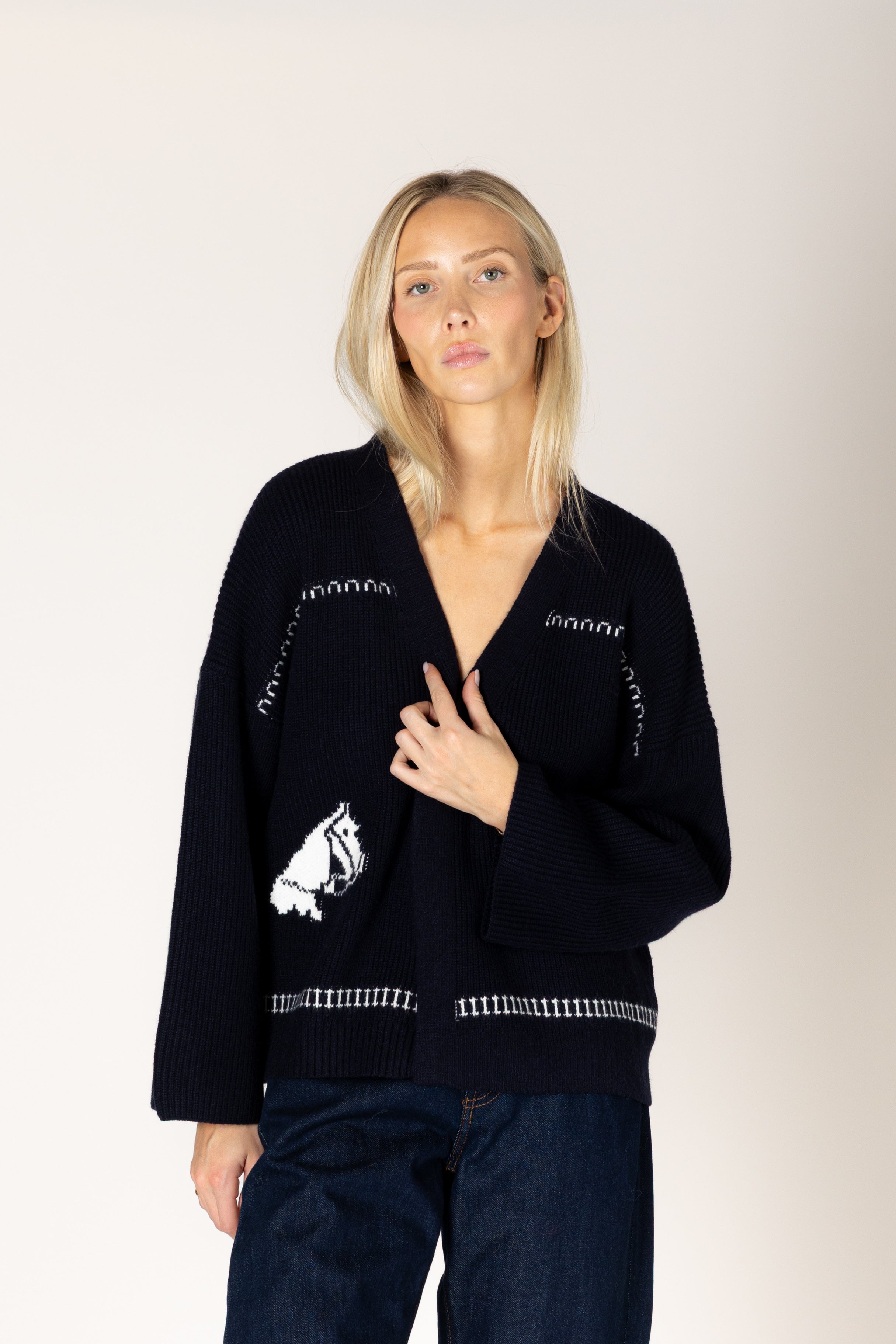 Lyla + Luxe- Howdy Fair Isle Horse Print Open Cardi in Navy