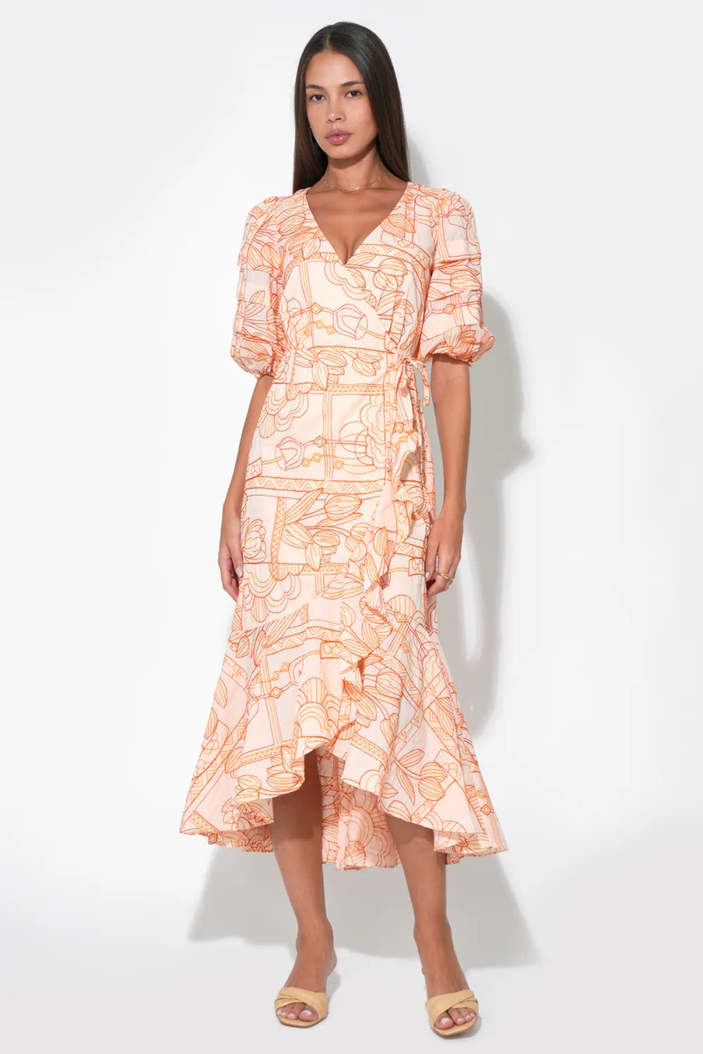 Adelyn Rae - Haven Ruffle Embroidery Wrap Midi Dress in Light Orange