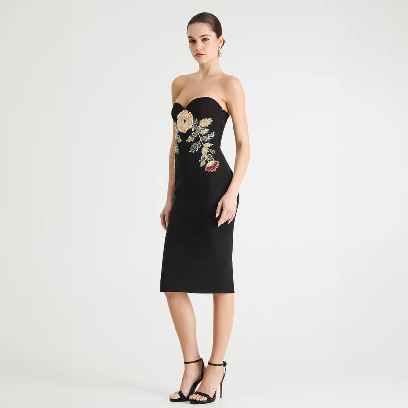 HELSI- Sloane Strapless Sweetheart Midi Dress in Black