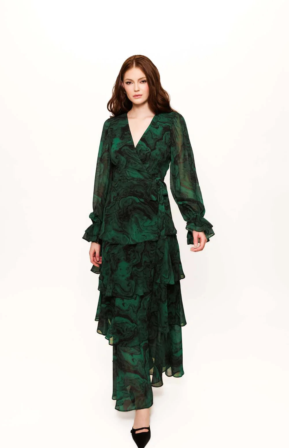Hutch - Bardot Wrap Dress in Emerald Tonal Marble Swirl
