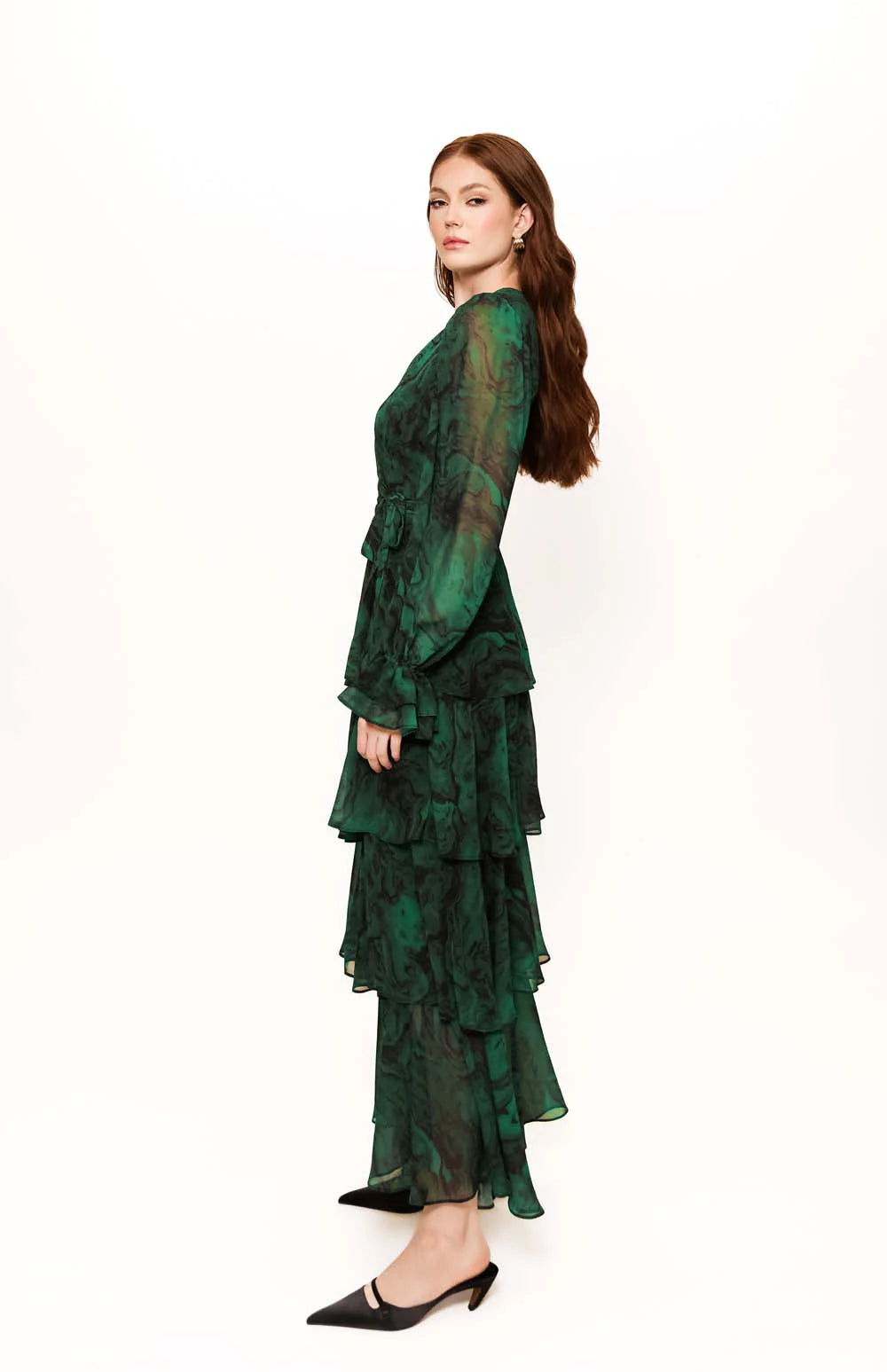 Hutch - Bardot Wrap Dress in Emerald Tonal Marble Swirl