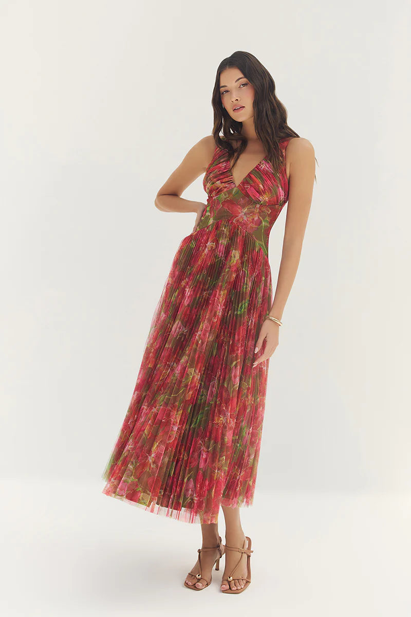 Hutch - Eliana Dress in Olive Watercolor Vivid Orchid