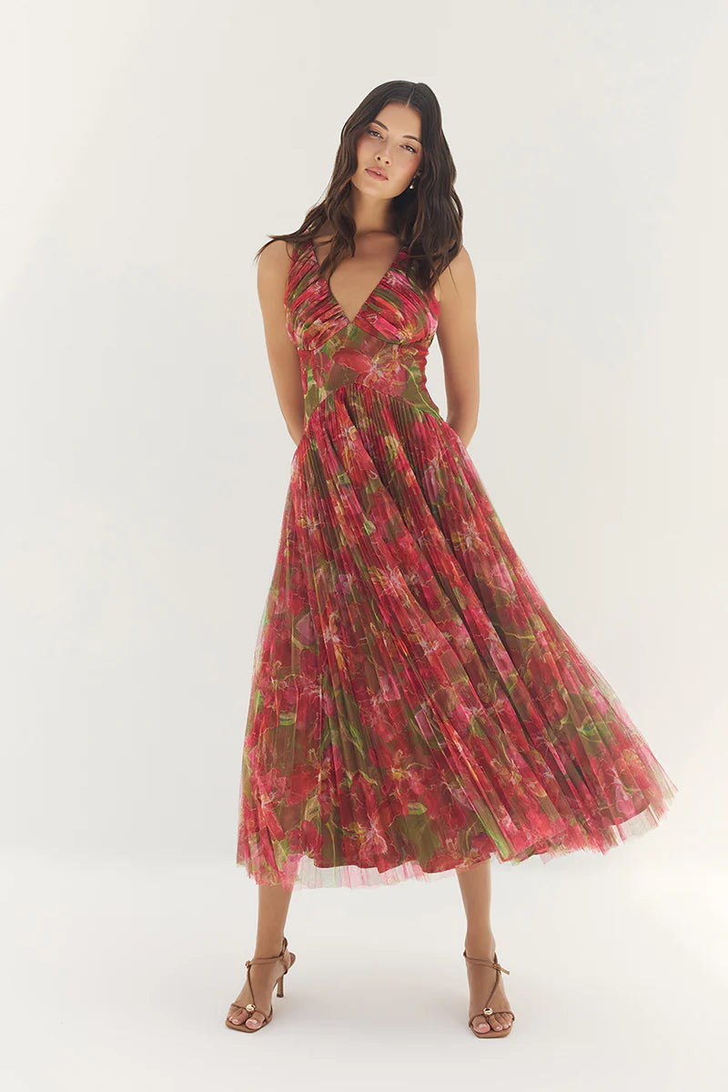 Hutch - Eliana Dress in Olive Watercolor Vivid Orchid