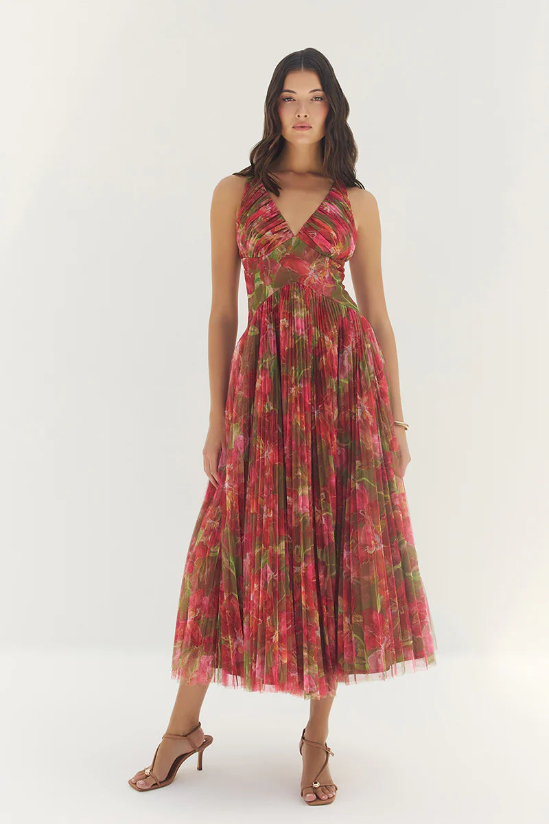 Hutch - Eliana Dress in Olive Watercolor Vivid Orchid