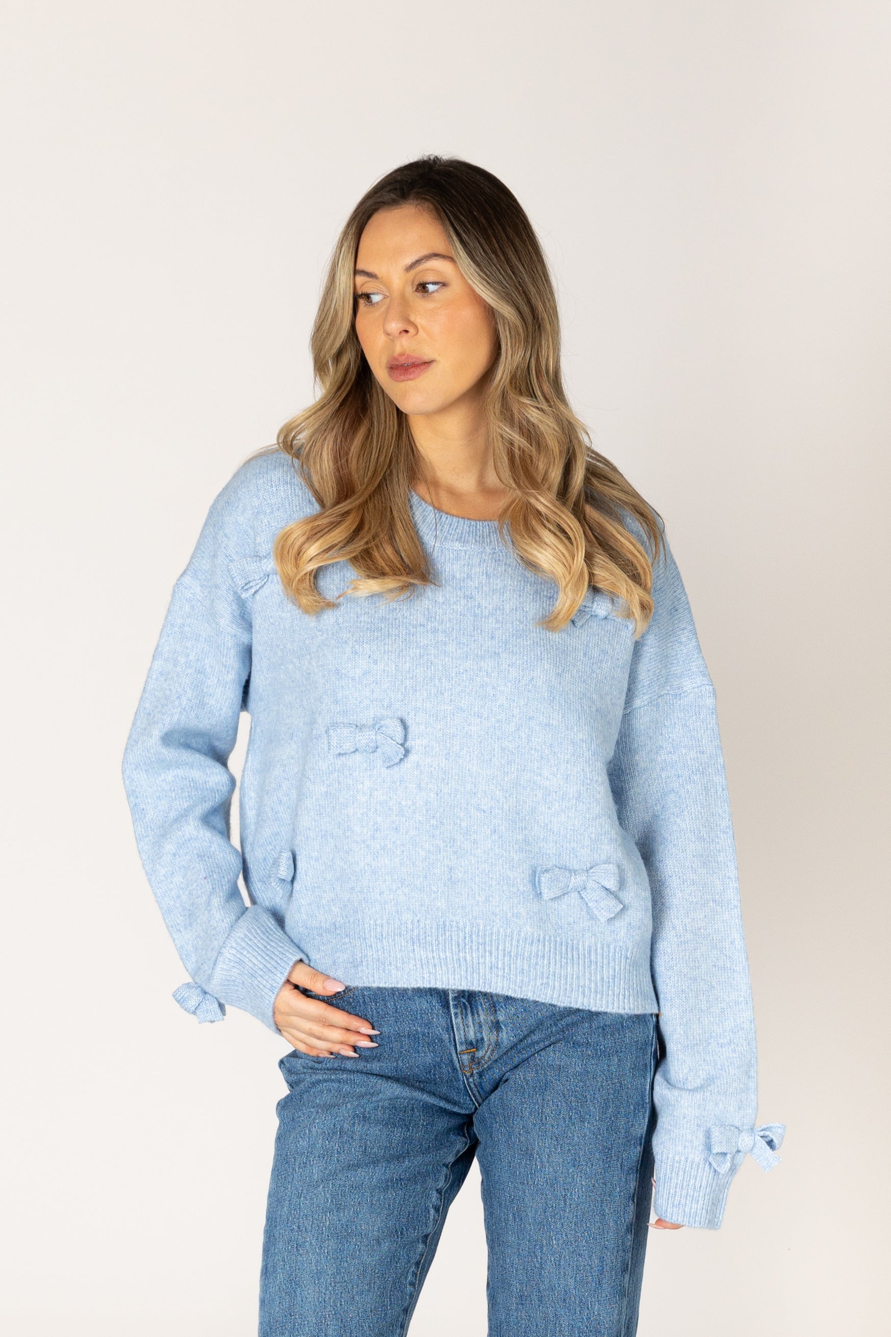 Lyla + Luxe- Jessie Novelty Bow Sweater in Sky