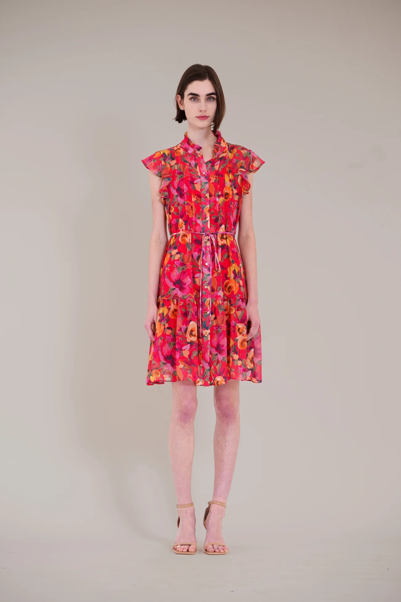 Julia Jordan- Flutter Sleeve Pleated Mini Dress in Red