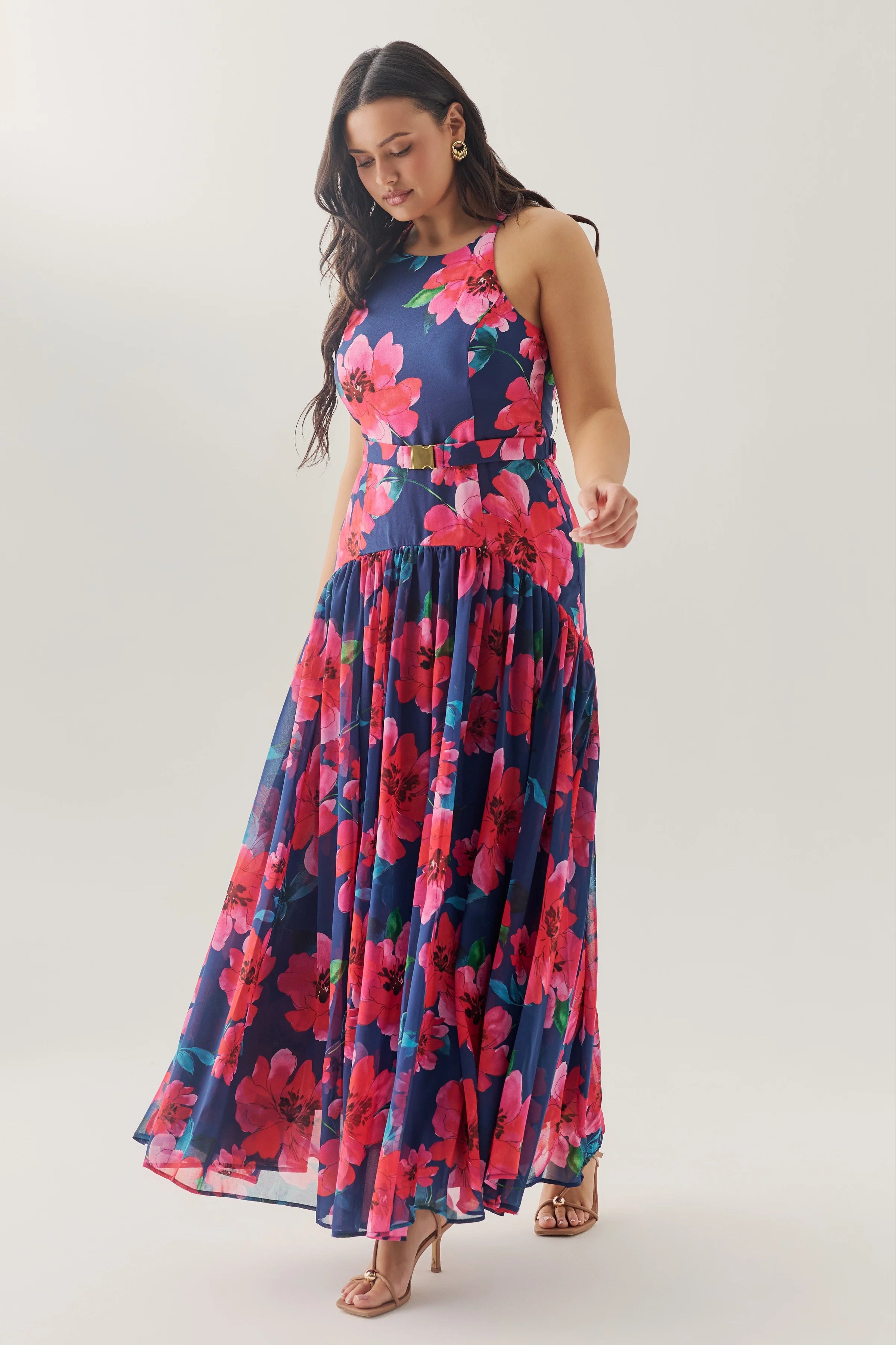 Hutch - Abbey Maxi Dress in Navy/Raspberry Watercolor Bloomed Floral