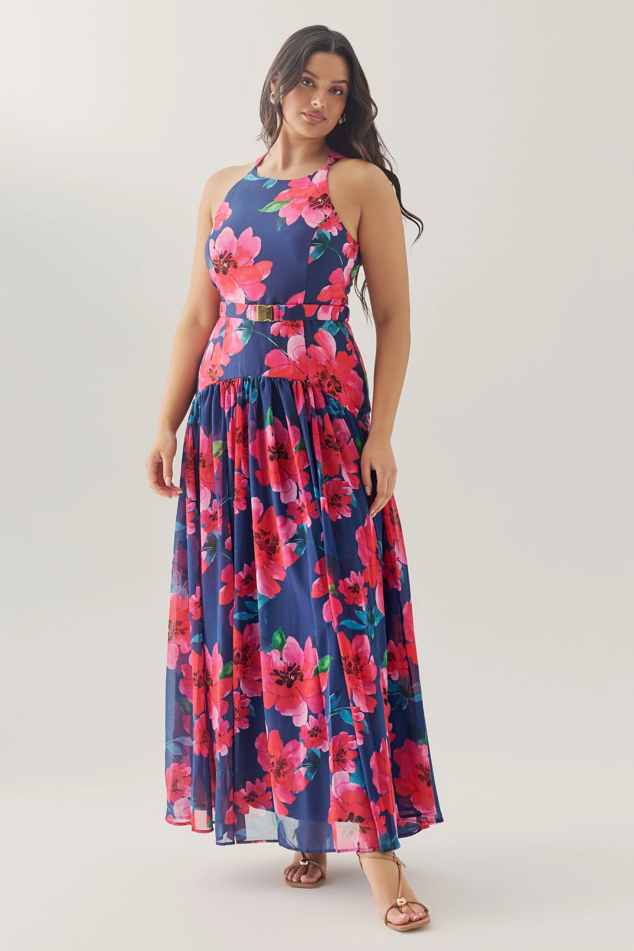 Hutch - Abbey Maxi Dress in Navy/Raspberry Watercolor Bloomed Floral