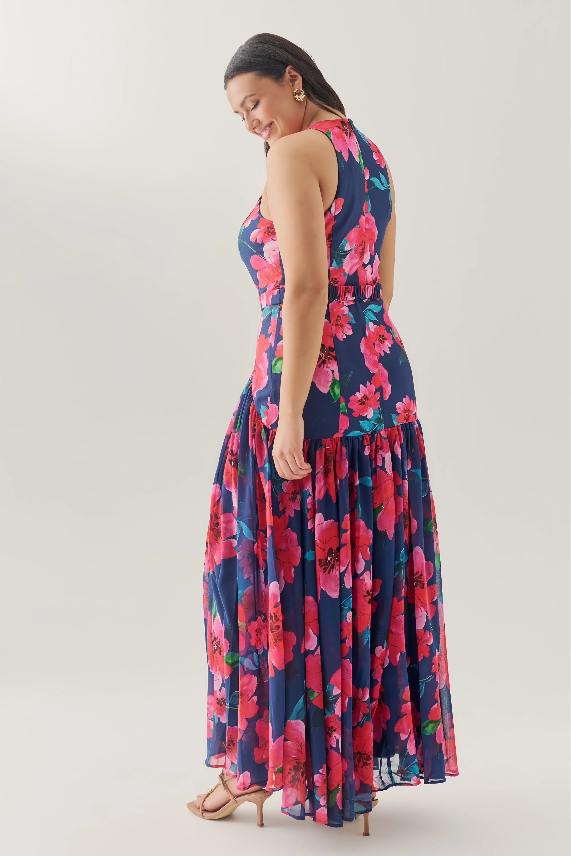 Hutch - Abbey Maxi Dress in Navy/Raspberry Watercolor Bloomed Floral