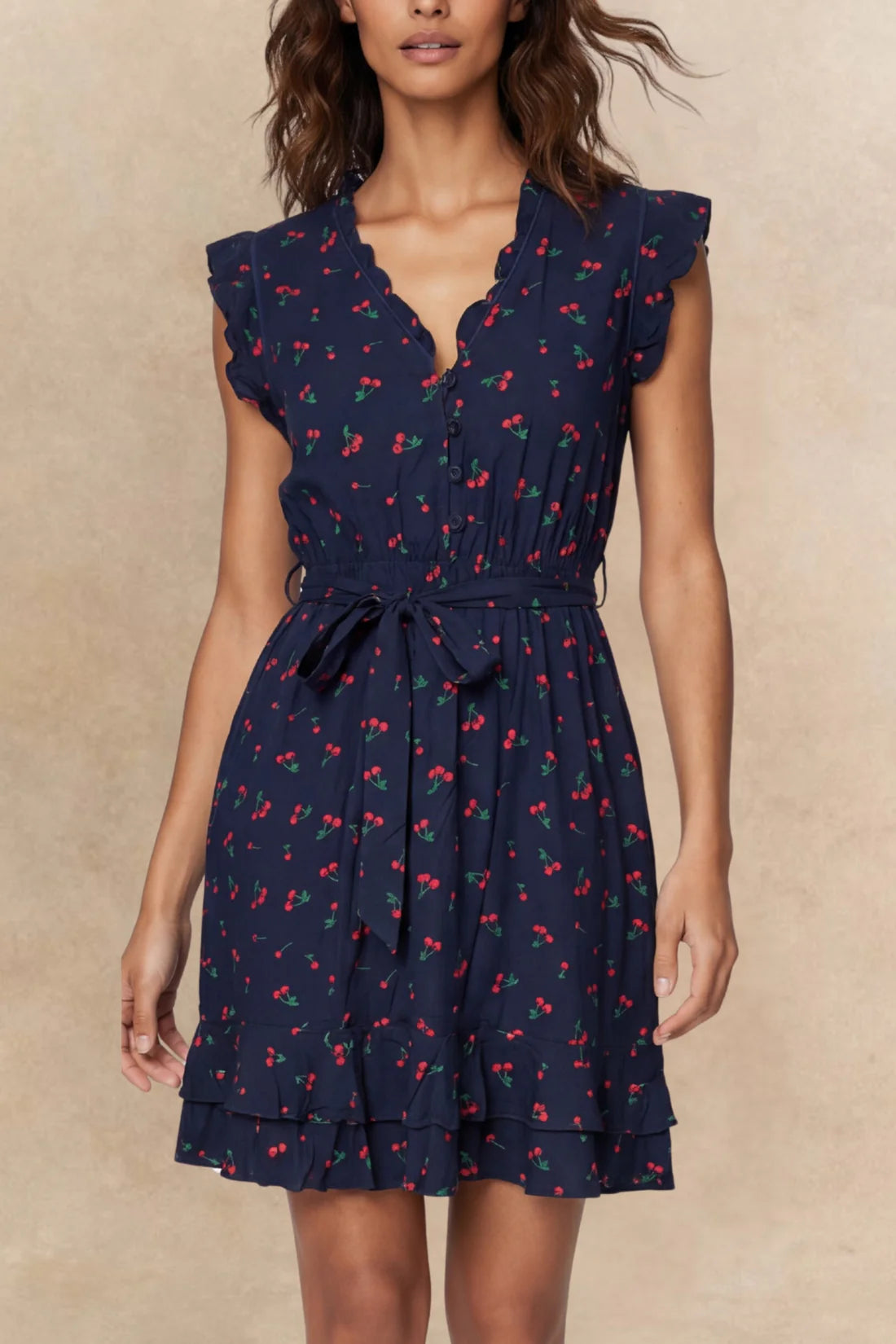 Annick- Natasha Cherry Print Mini Dress in Navy