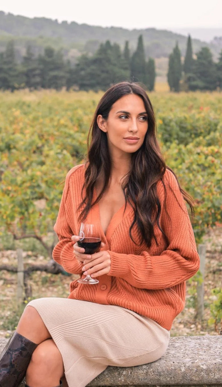 25 UNION- Rich Textured V-Neck Cardigan Geometria in Terracotta