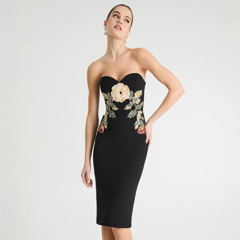 HELSI- Sloane Strapless Sweetheart Midi Dress in Black